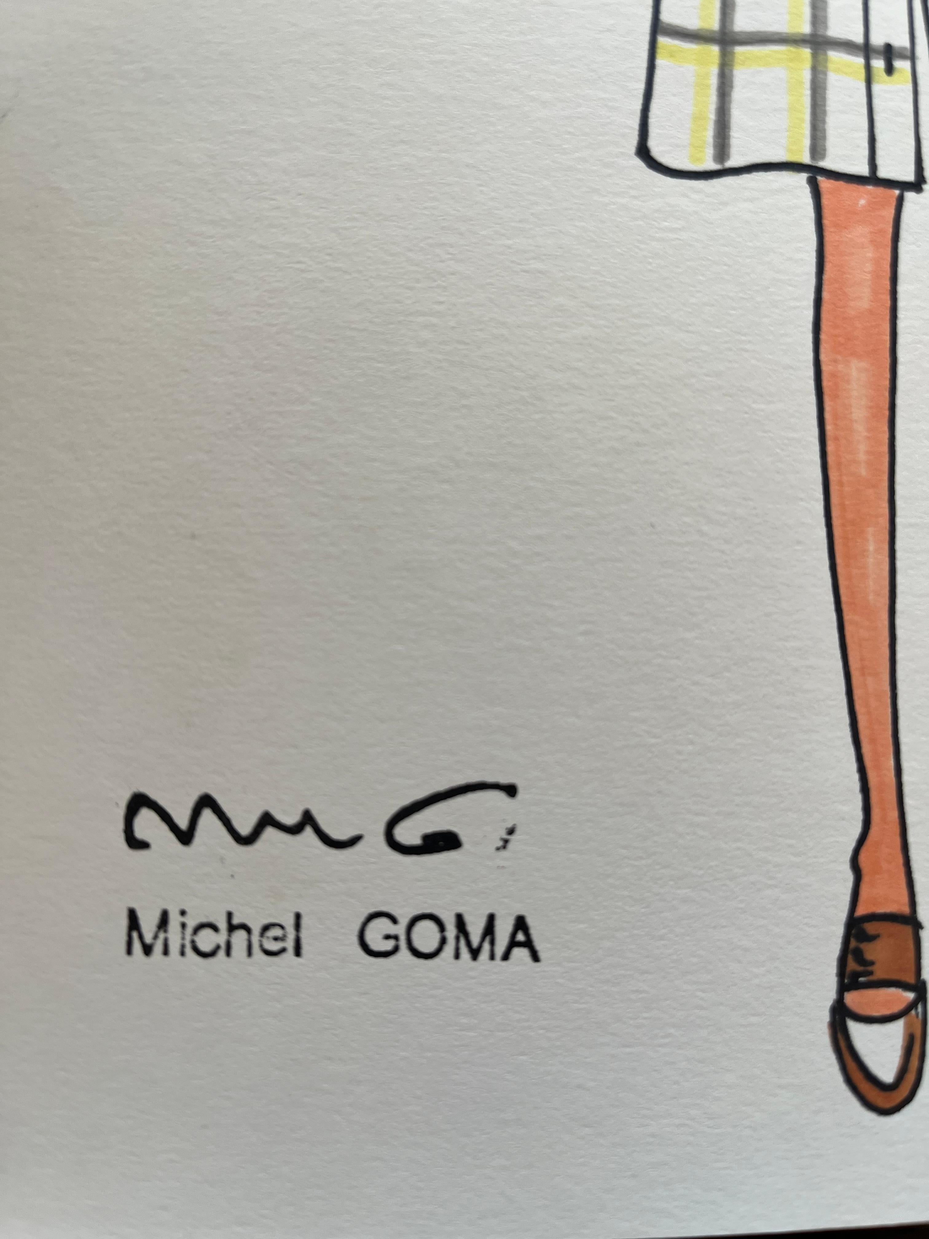Modezeichnung mit Filzstift, Michel Goma, 1980er Jahre
Michel Goma (1932-2022), geboren in Moncrabeau, war ein berühmter französischer Modeschöpfer. Sein Talent wurde bald von Christian Dior entdeckt, und er begann bei Jeanne Lafaurie, bevor er die