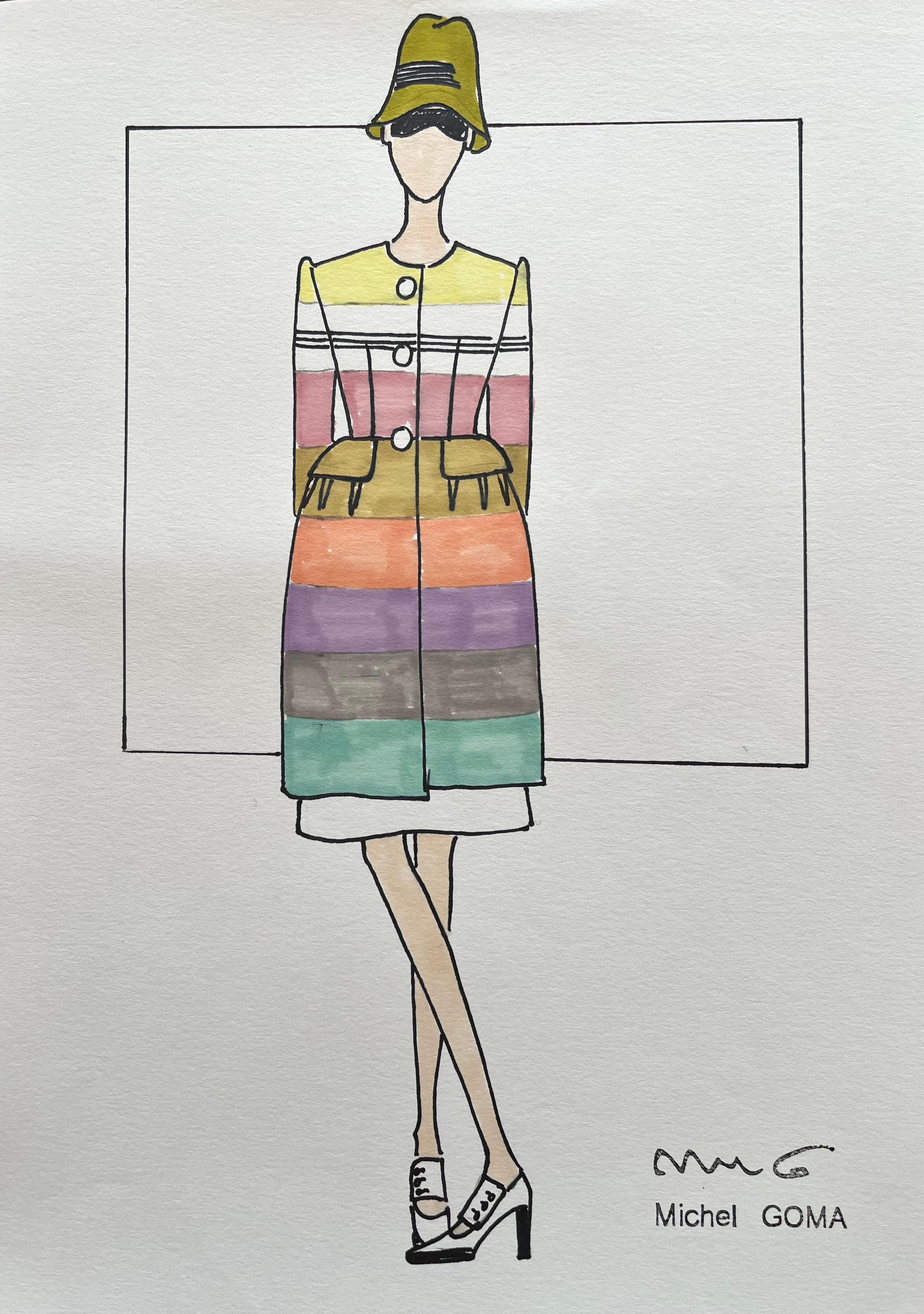 Modezeichnung mit Filzstift, Michel Goma, 1980er Jahre
Michel Goma (1932-2022), geboren in Moncrabeau, war ein berühmter französischer Modeschöpfer. Sein Talent wurde bald von Christian Dior entdeckt, und er begann bei Jeanne Lafaurie, bevor er die