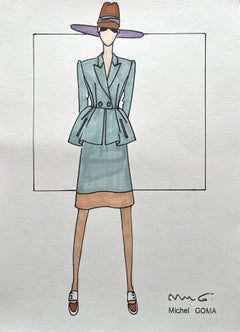 Fashion drawing in felt-tipped pen, Michel Goma (Jean Patou, Balenciaga…)