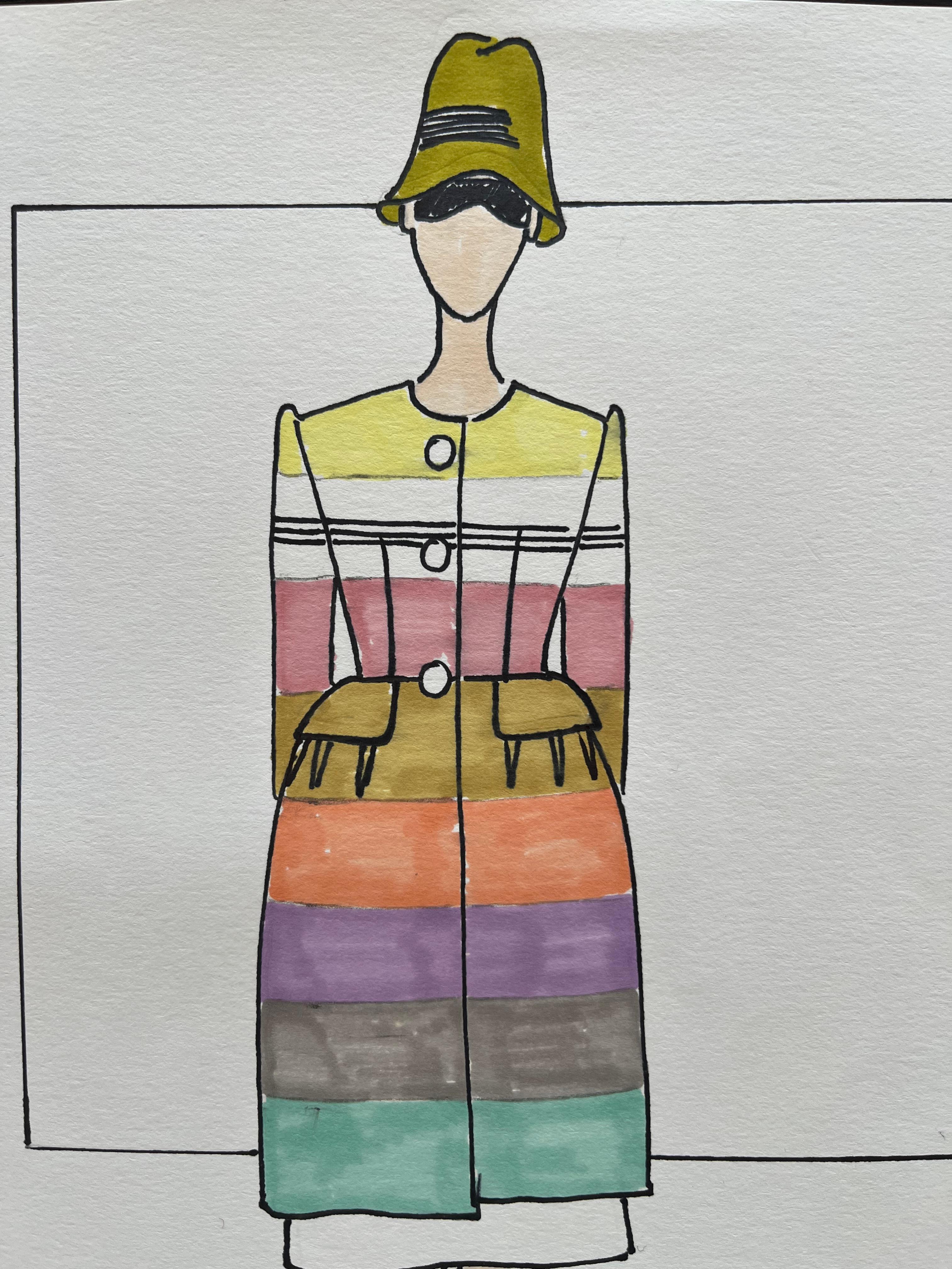 Modezeichnung mit Filzstift, Michel Goma (Jean Patou, Balenciaga...) (Beaux Arts) im Angebot