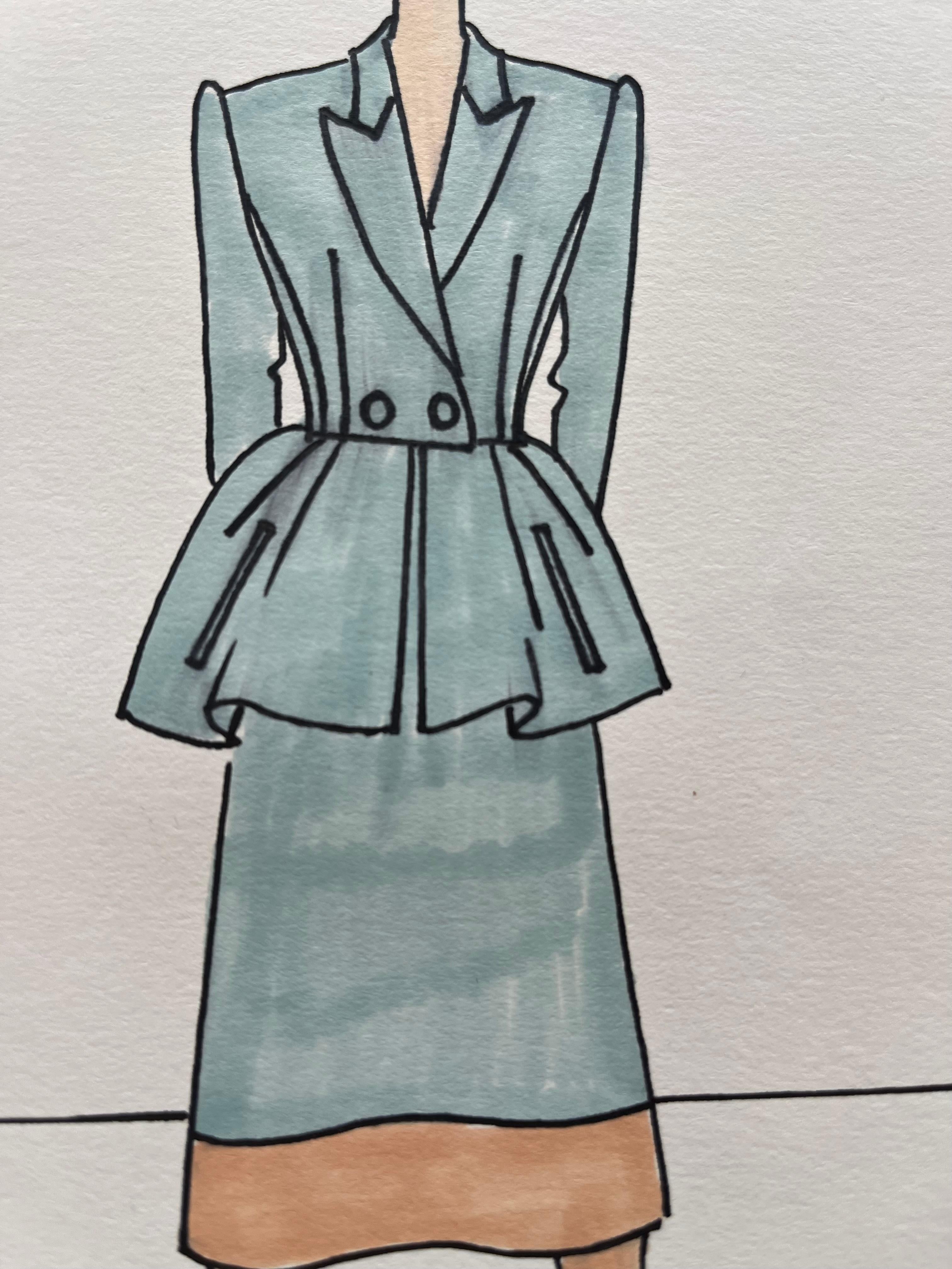 Fin du 20e siècle Dessin de mode au feutre, Michele Goma (Jean Patou, Balenciaga...) en vente