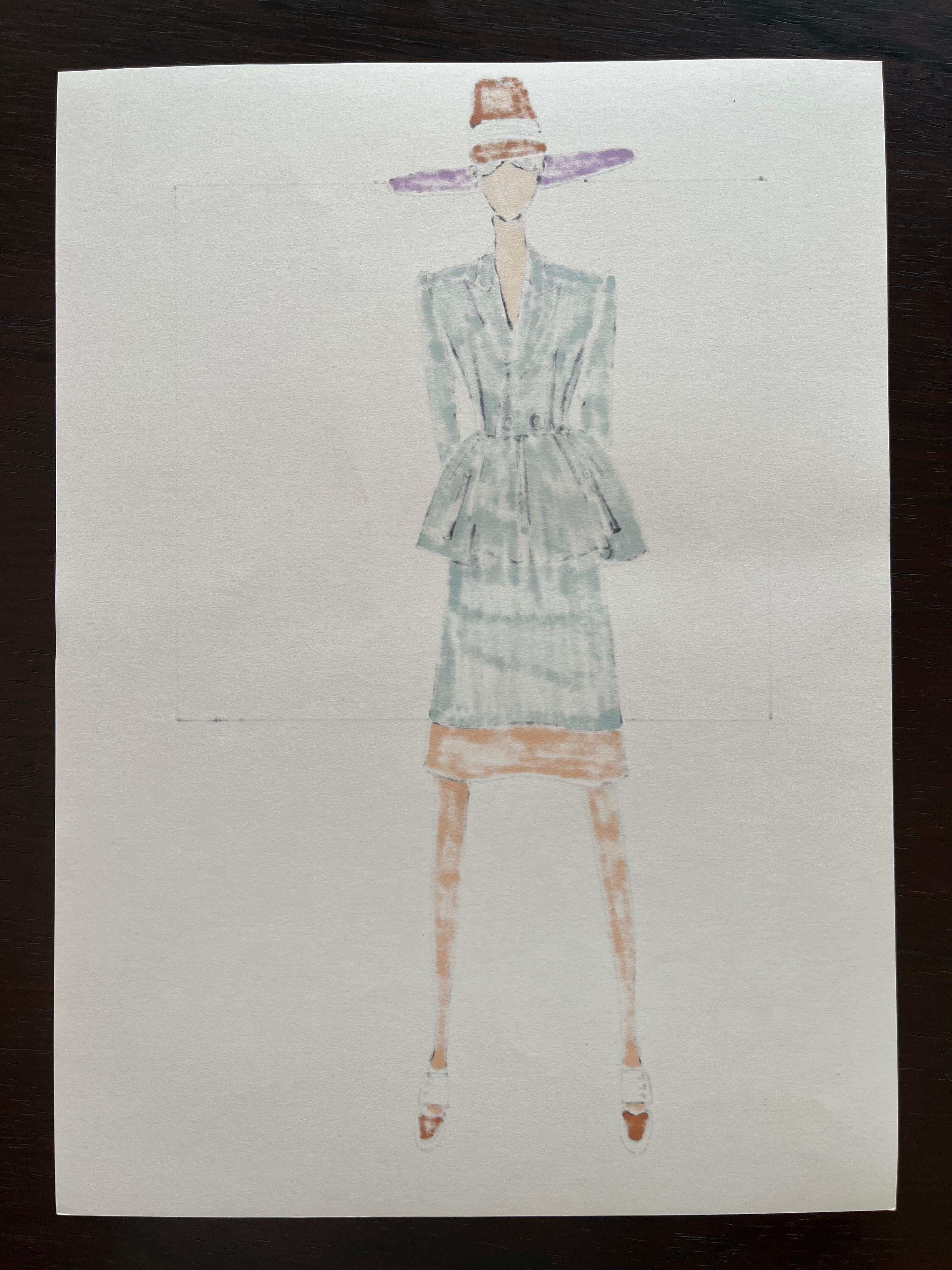 Papier Dessin de mode au feutre, Michele Goma (Jean Patou, Balenciaga...) en vente