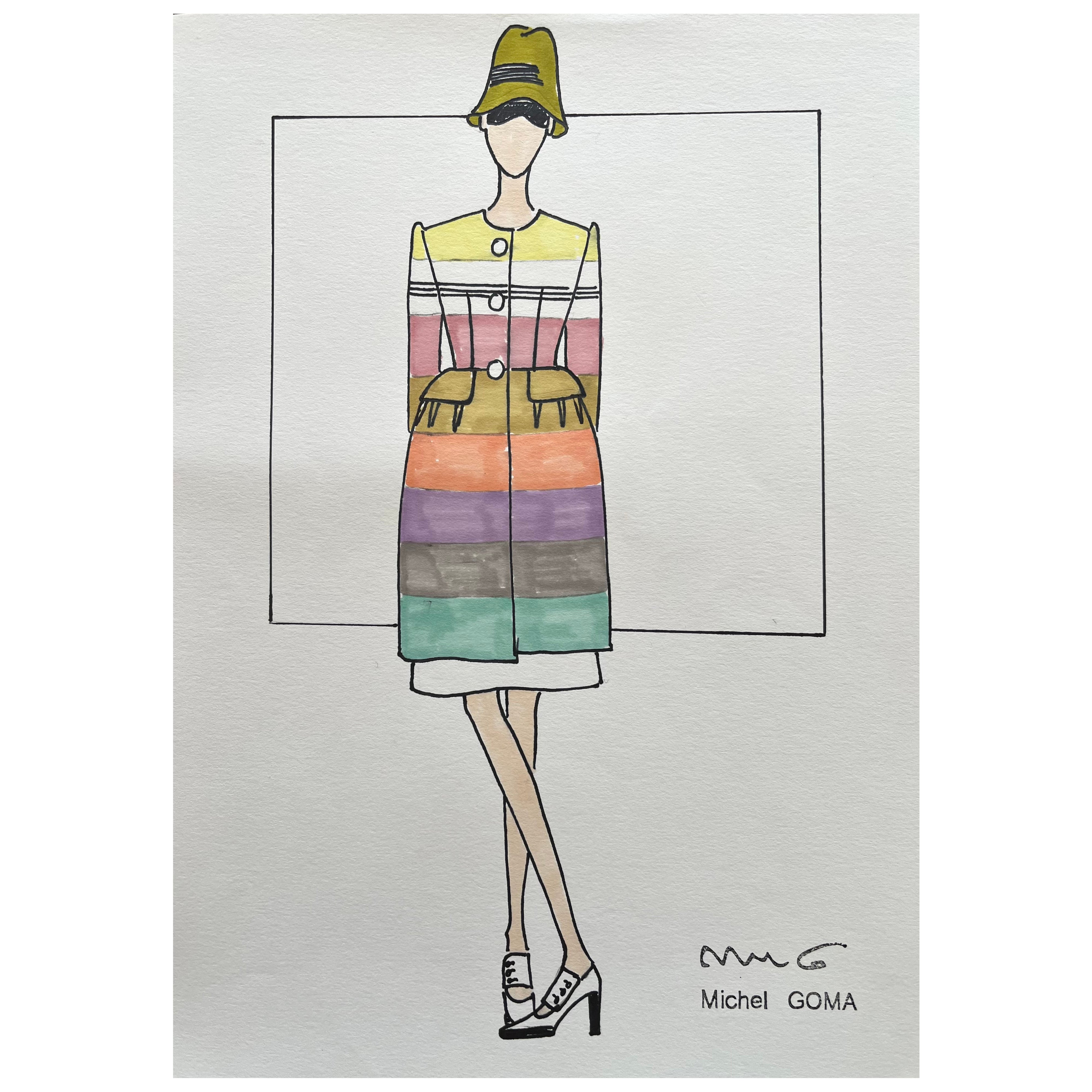 Modezeichnung mit Filzstift, Michel Goma (Jean Patou, Balenciaga...) im Angebot