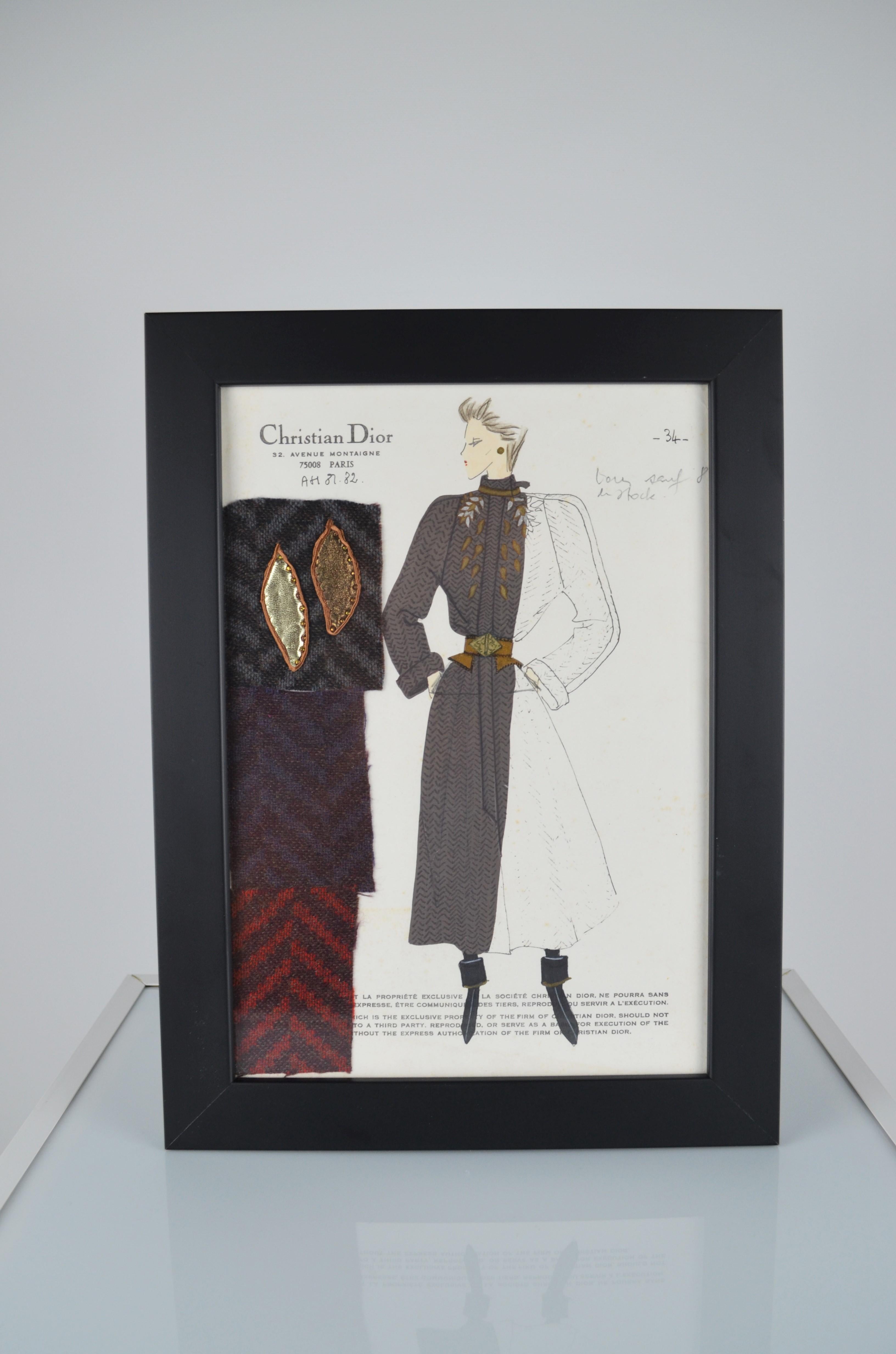 Beaux Arts Fashion Drawing with Fabric, Maison Dior, 1981/82 For Sale