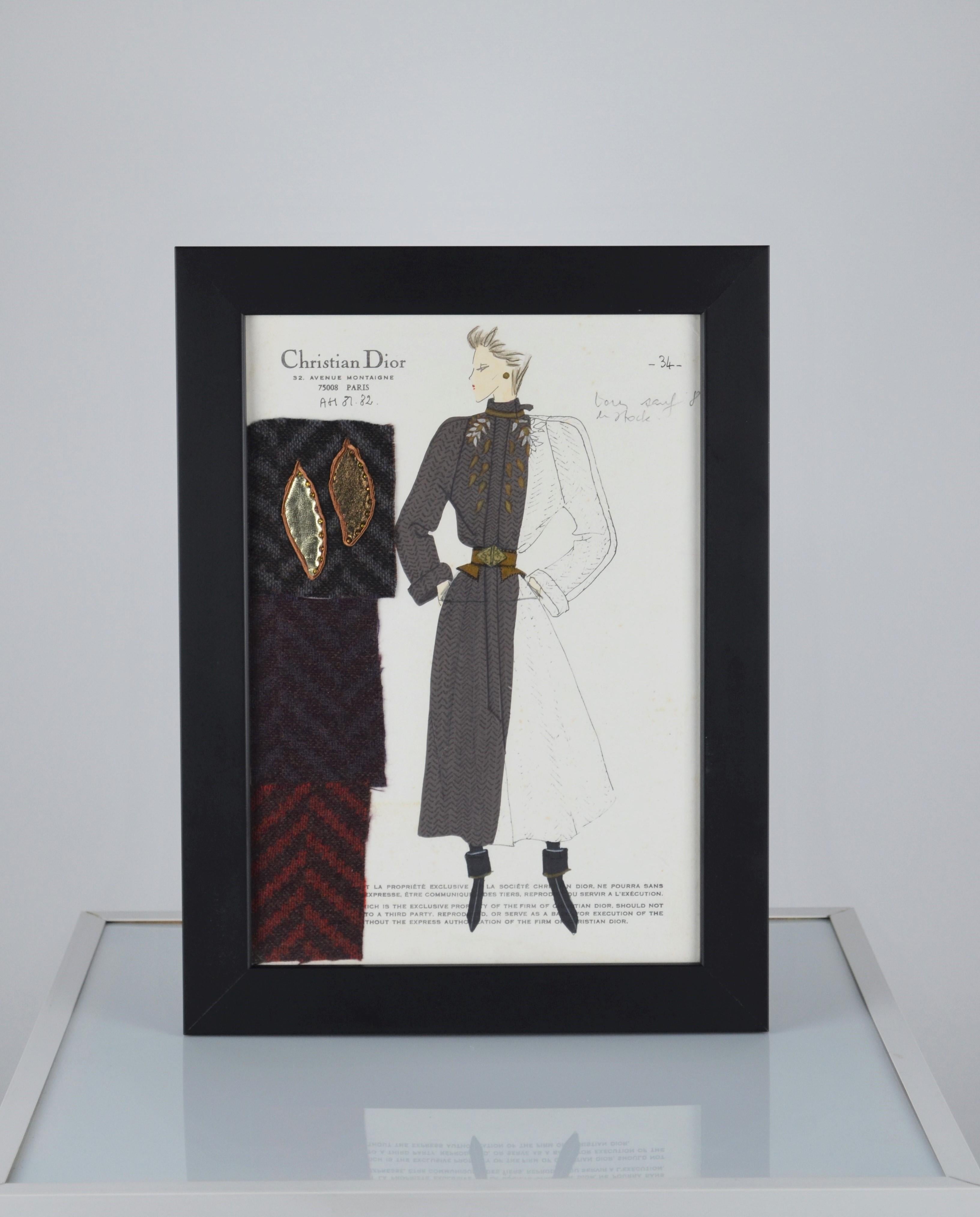 Hand-Painted Fashion Drawing with Fabric, Maison Dior, 1981/82 For Sale