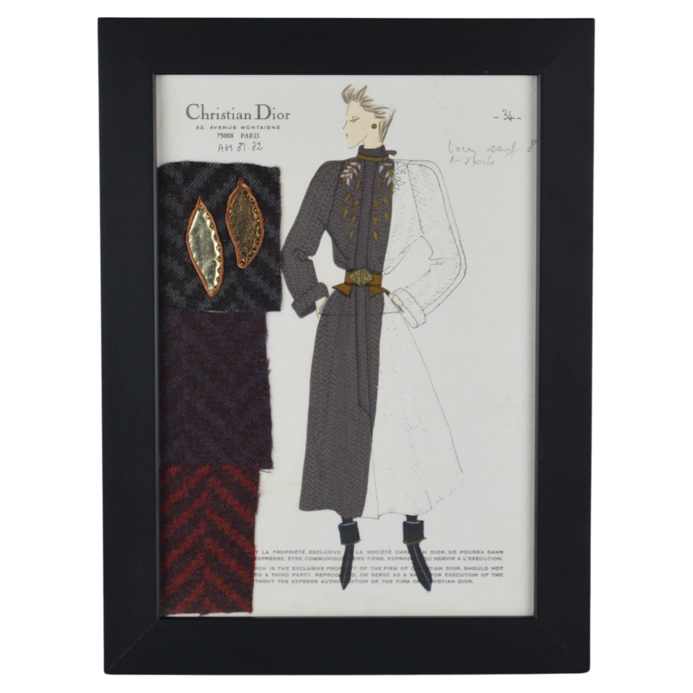 Fashion Drawing with Fabric, Maison Dior, 1981/82 For Sale