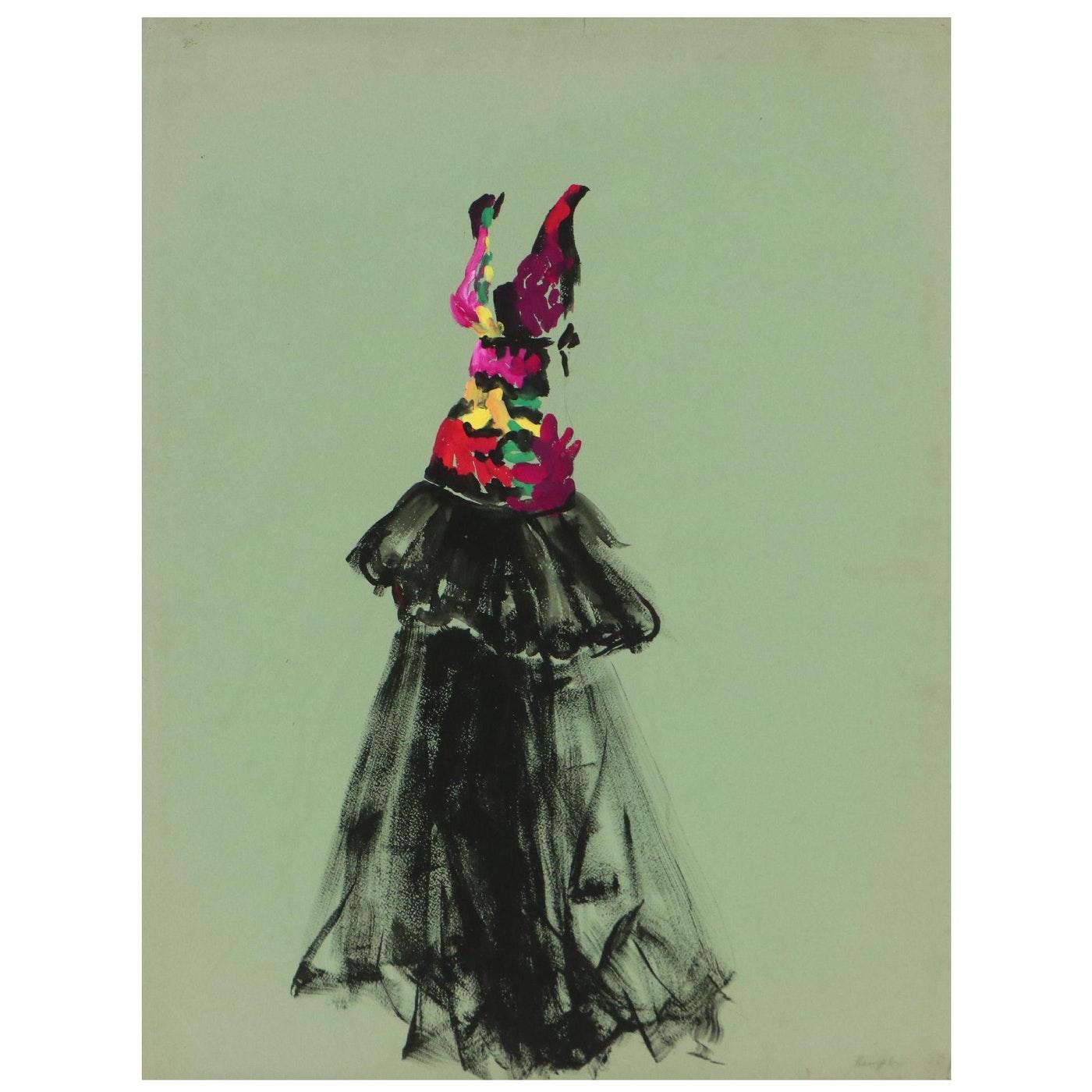 Beautiful fashion dress watercolor painting on paper.
Beautiful bold colors and very stylish.
Signed Hempler.

Measurements:
19.50 inches wide x 26 inches high x 0.1 thick.

Not Framed.

Orval Frederick Hempler (1915 – 1994). Orval was born