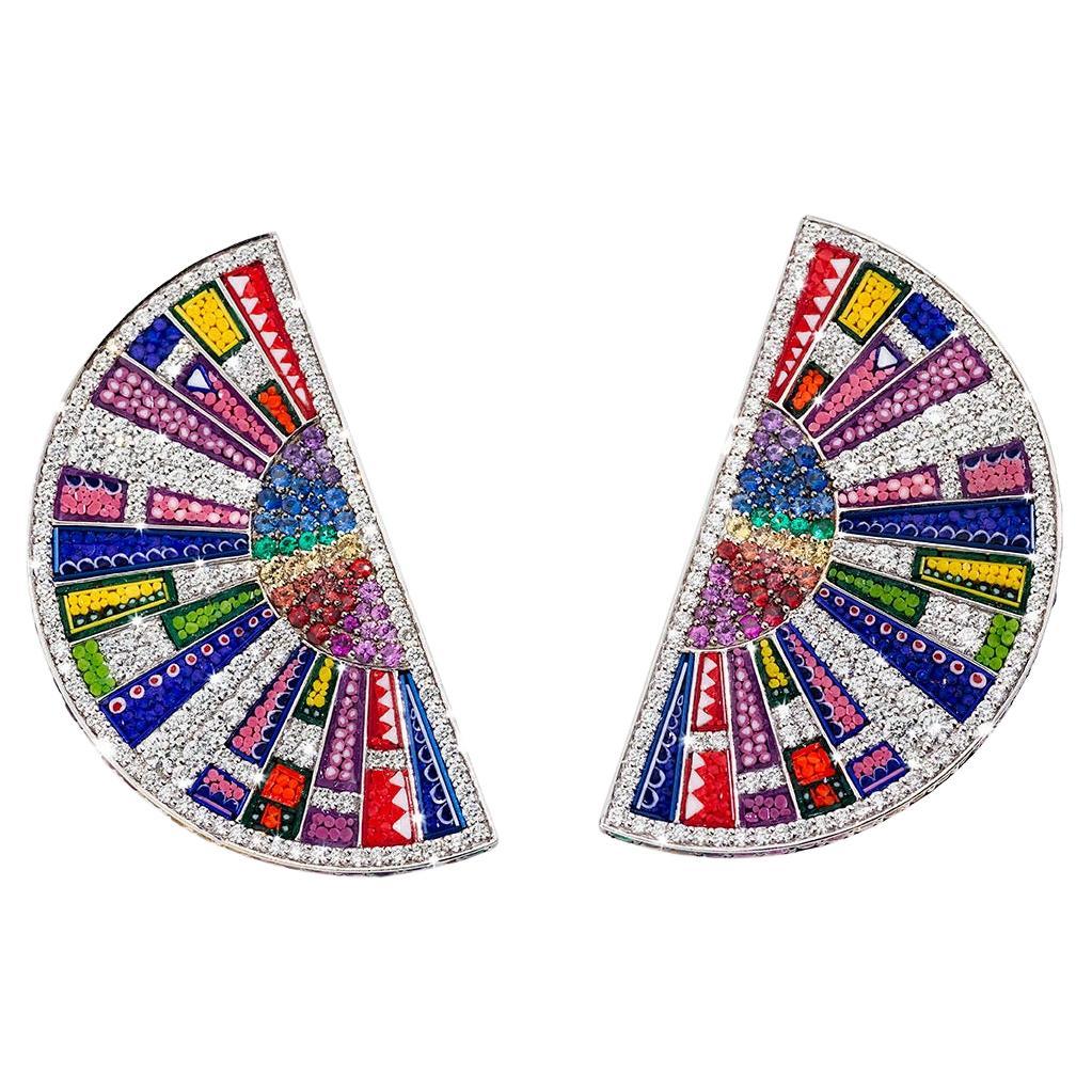 Fashion Earrings White Gold White Diamonds Sapphires Emeralds Micromosaic For Sale