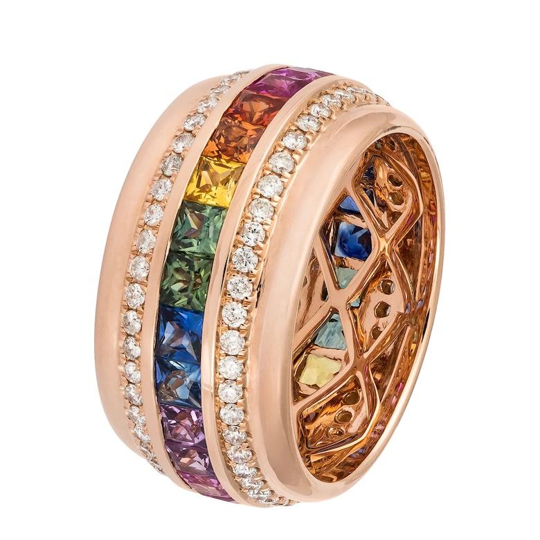 Modern Fashion Everyday Diamond Multi Sapphire Rose 18K Gold Band Ring for Her For Sale
