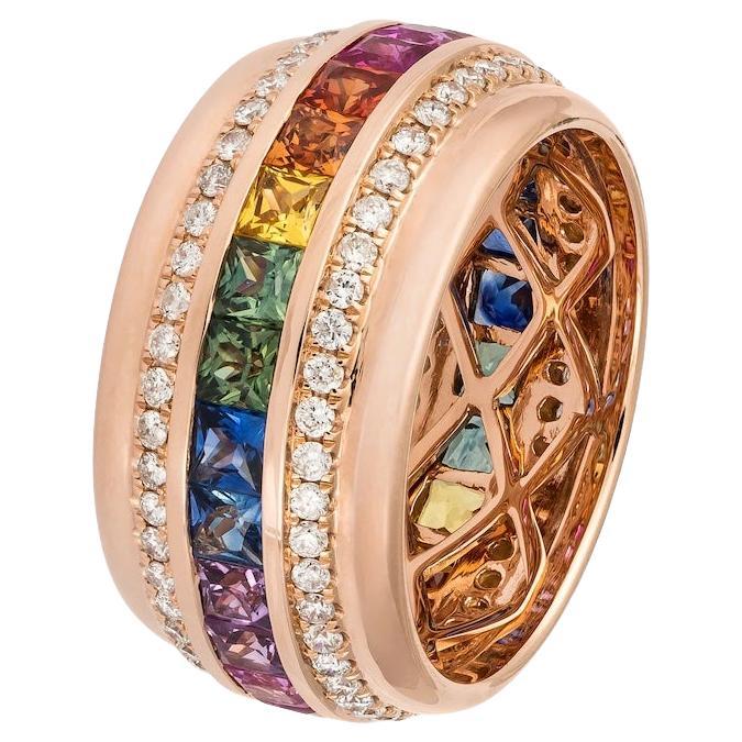 Fashion Everyday Diamond Multi Sapphire Rose 18K Gold Band Ring for Her For Sale