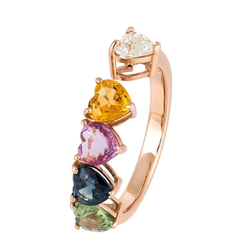 Modern Fashion Everyday Diamond Multi Sapphire Rose 18K Gold Ring for Her For Sale