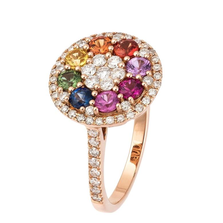 Ring Rose Gold 18K  
Blue Sapphire 0.15 Cts/1 Pcs
Diamond 0.59 Cts/63 Pcs
Green Sapphire 0.17 Cts/1 Pcs
Pink Sapphire 0.14 Cts/1 Pcs
Red Sapphire 0.16 Cts/1 Pcs
Ruby 0.12 Cts/1 Pcs
Yellow Sapphire 0.17 Cts/1 Pcs
Size 54

With a heritage of ancient