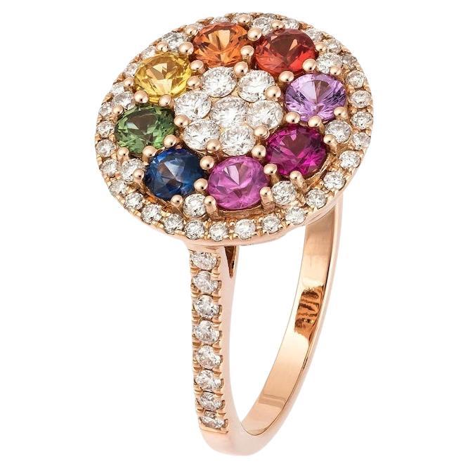 Fashion Everyday Diamond Multi Sapphire Ruby Rose 18K Gold Ring for Her For Sale