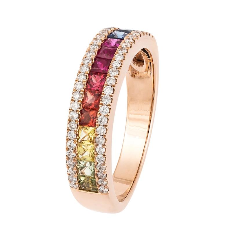 Asscher Cut Fashion Everyday Multi Sapphire Diamond Rose 18K Gold Ring for Her For Sale