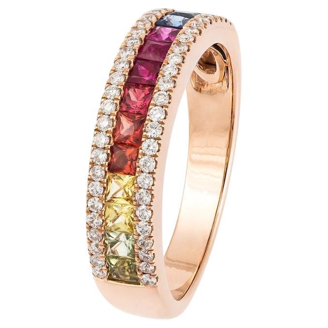 Bague mode de tous les jours en or 18 carats avec saphirs multicolores et diamants roses pour elle
