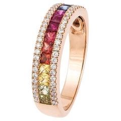 Bague mode de tous les jours en or 18 carats avec saphirs multicolores et diamants roses pour elle