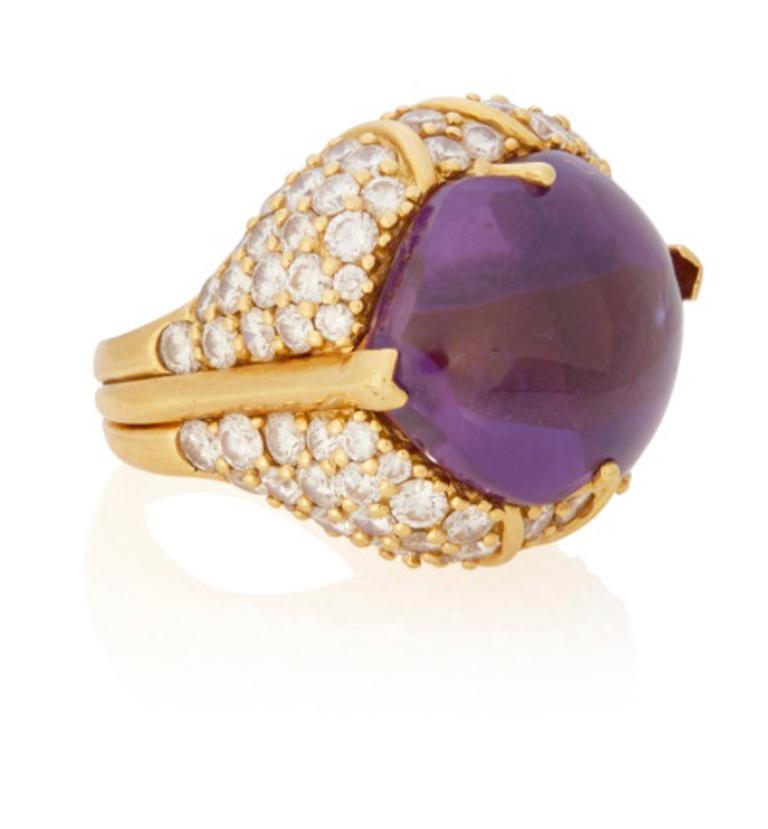 Fashion Forward Fancy Cut Amethyst and Diamond Ring in 18k Yellow Gold For Sale 1