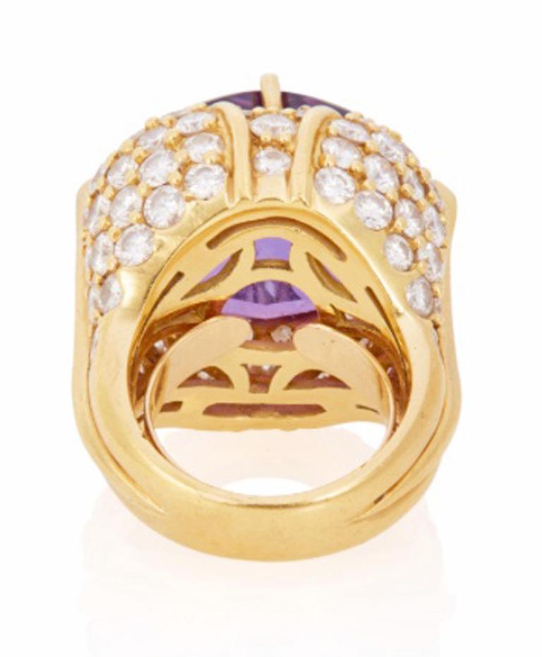 Fashion Forward Fancy Cut Amethyst and Diamond Ring in 18k Yellow Gold For Sale 2