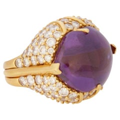 Vintage Fashion Forward Fancy Cut Amethyst and Diamond Ring in 18k Yellow Gold