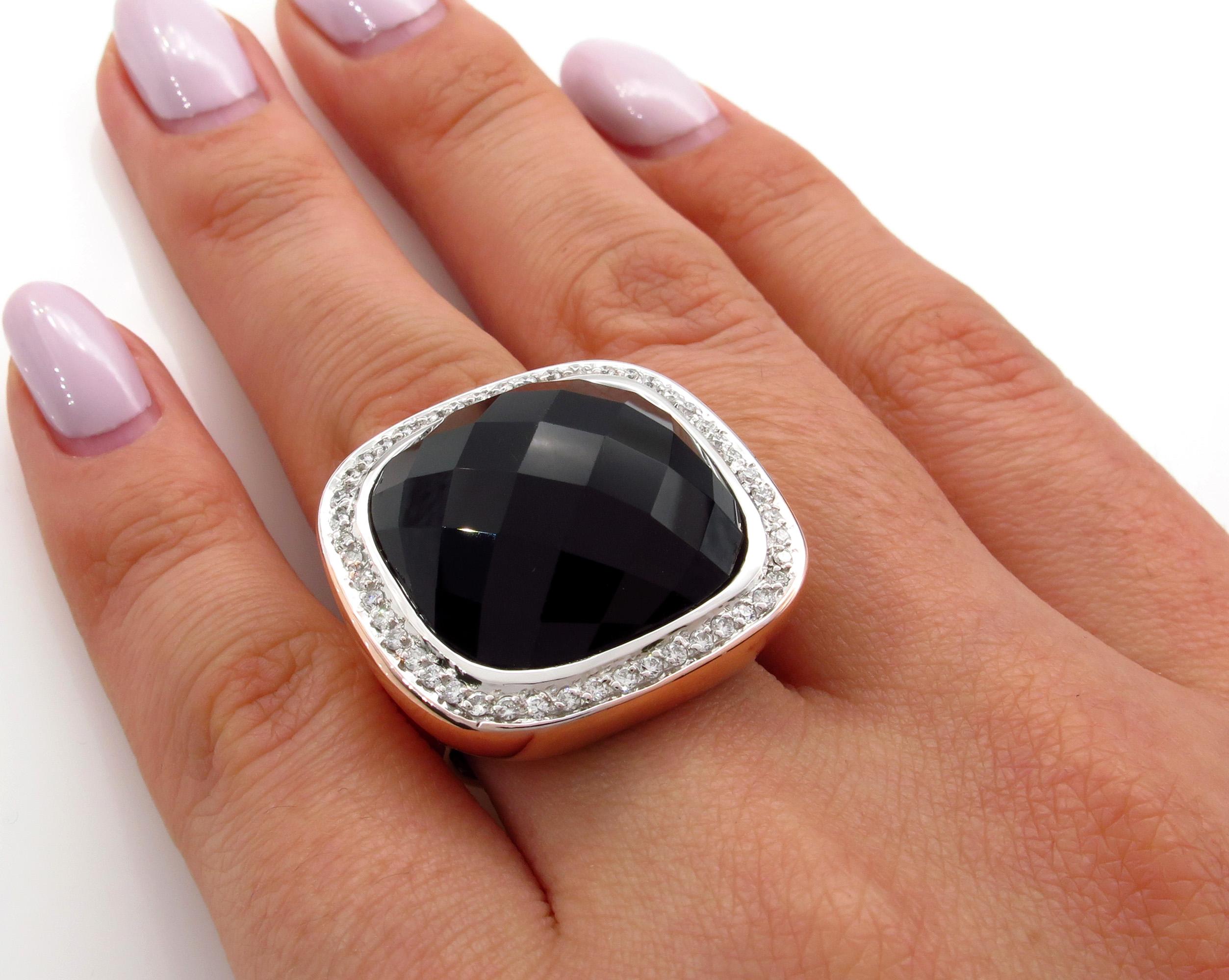 Fashion French Cut Black Onyx and Diamond 18k Rose Gold Estate Ring For Sale 1