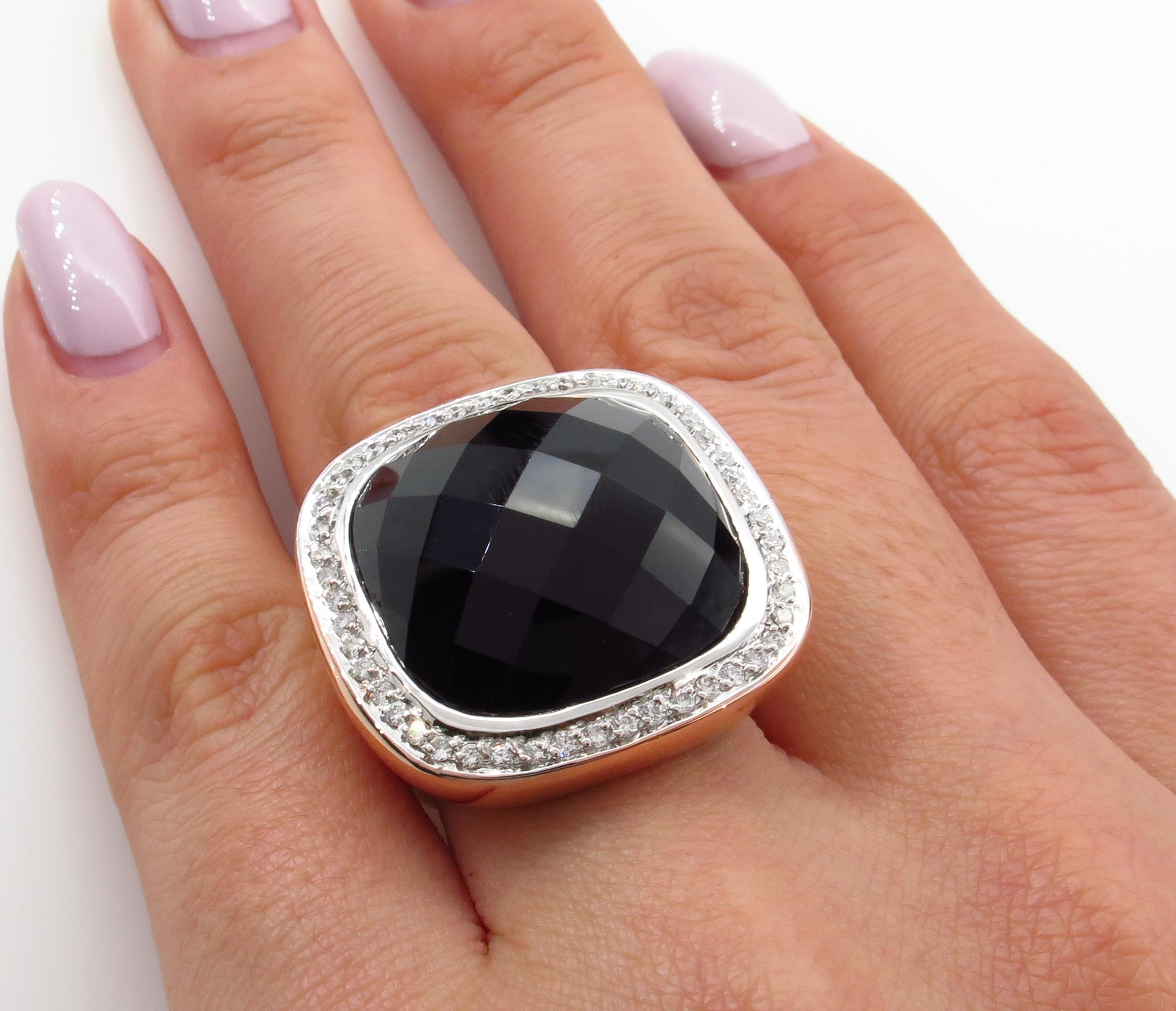 Fashion French Cut Black Onyx and Diamond 18k Rose Gold Estate Ring For Sale 3