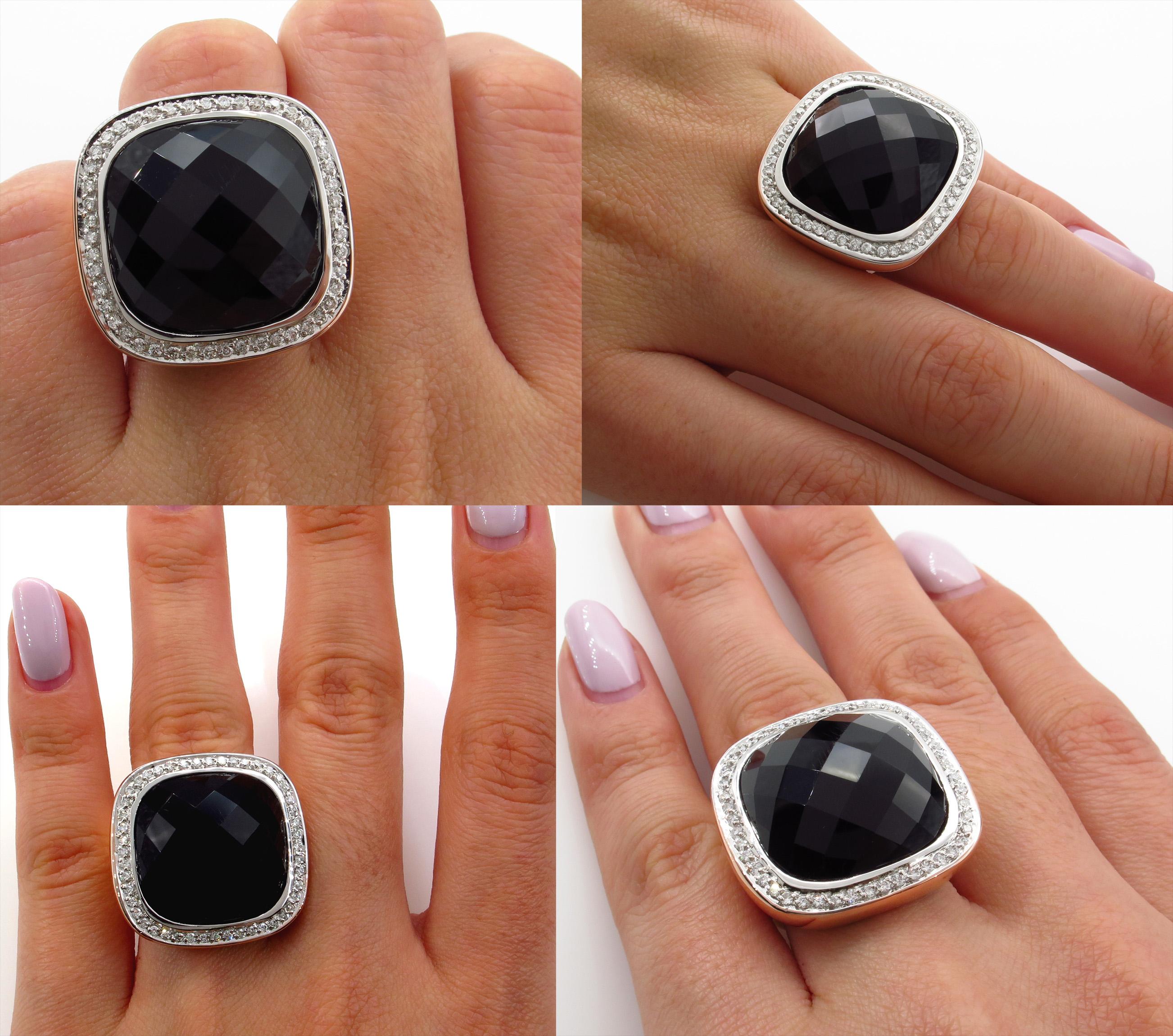 Fashion French Cut Black Onyx and Diamond 18k Rose Gold Estate Ring For Sale 2