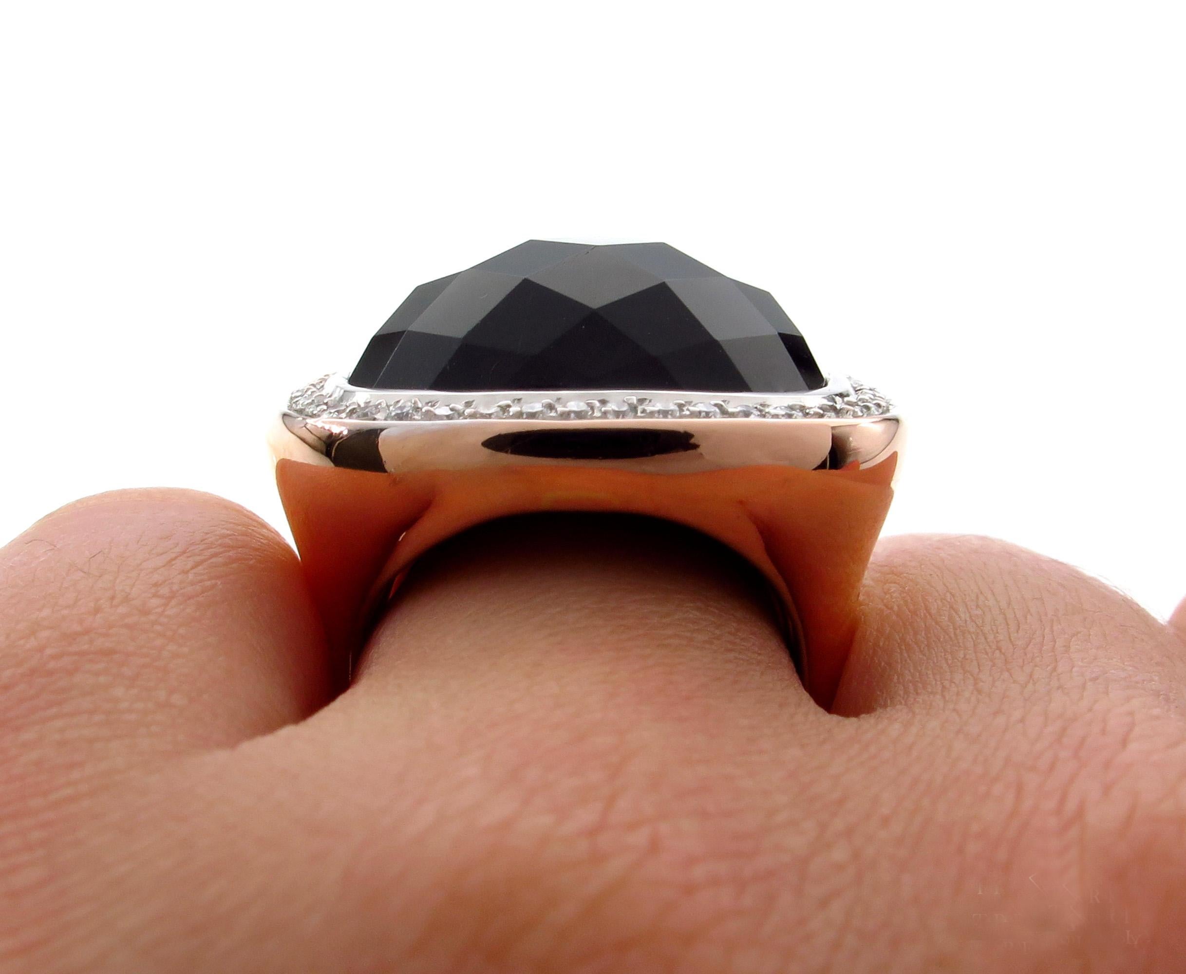 Fashion French Cut Black Onyx and Diamond 18k Rose Gold Estate Ring For Sale 8
