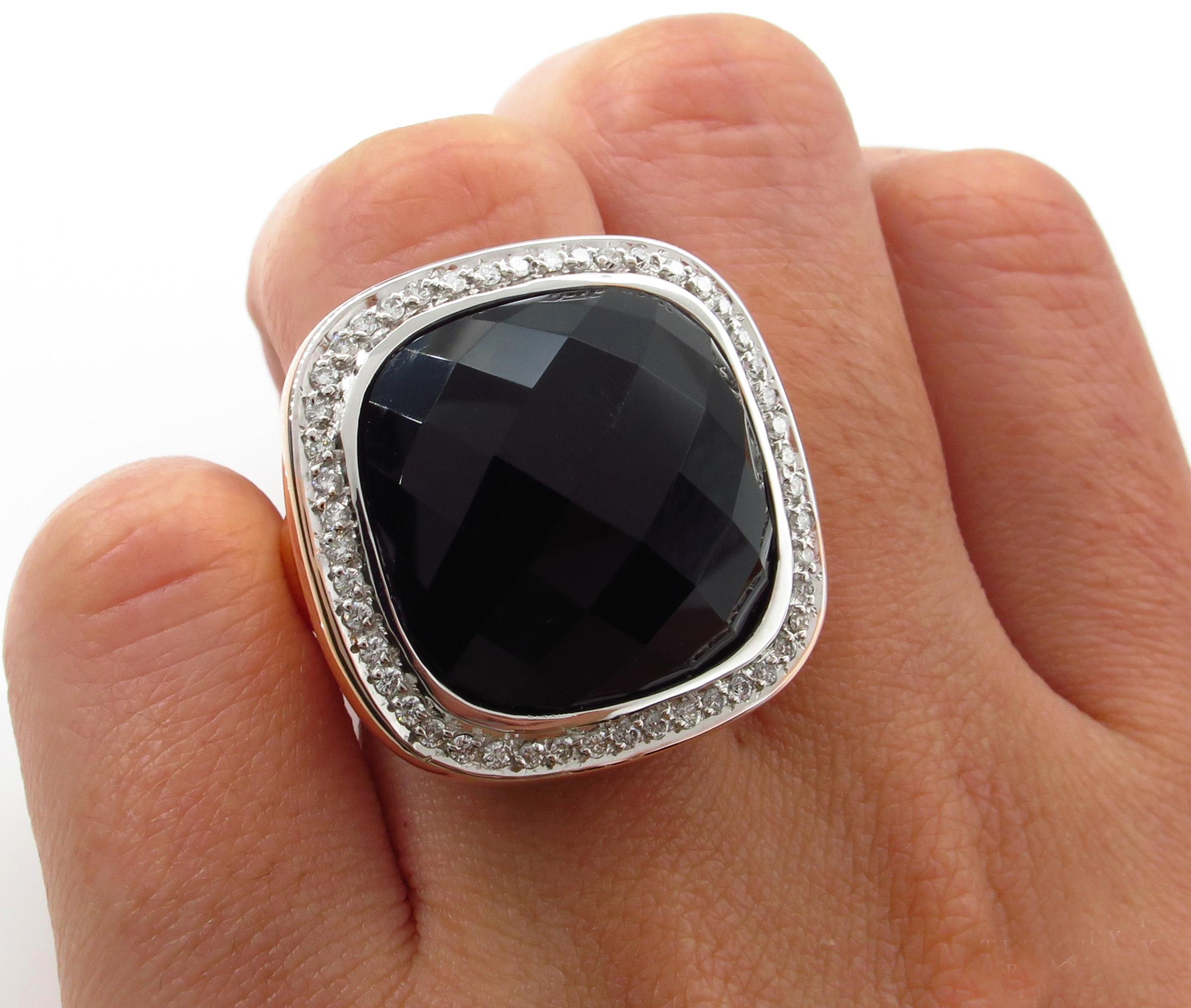 Fashion French Cut Black Onyx and Diamond 18k Rose Gold Estate Ring For Sale 6