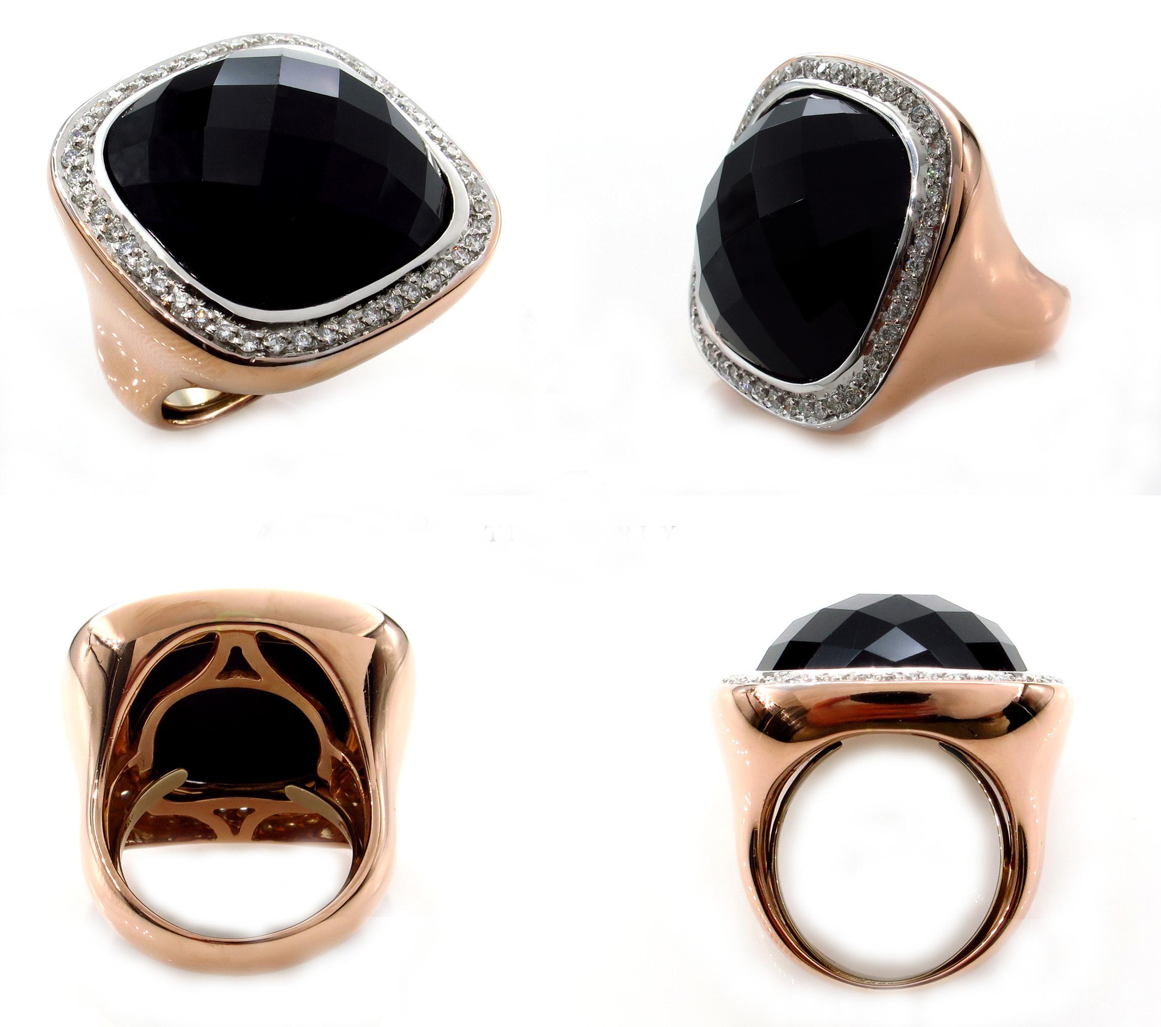 Fashion French Cut Black Onyx and Diamond 18k Rose Gold Estate Ring For Sale 4