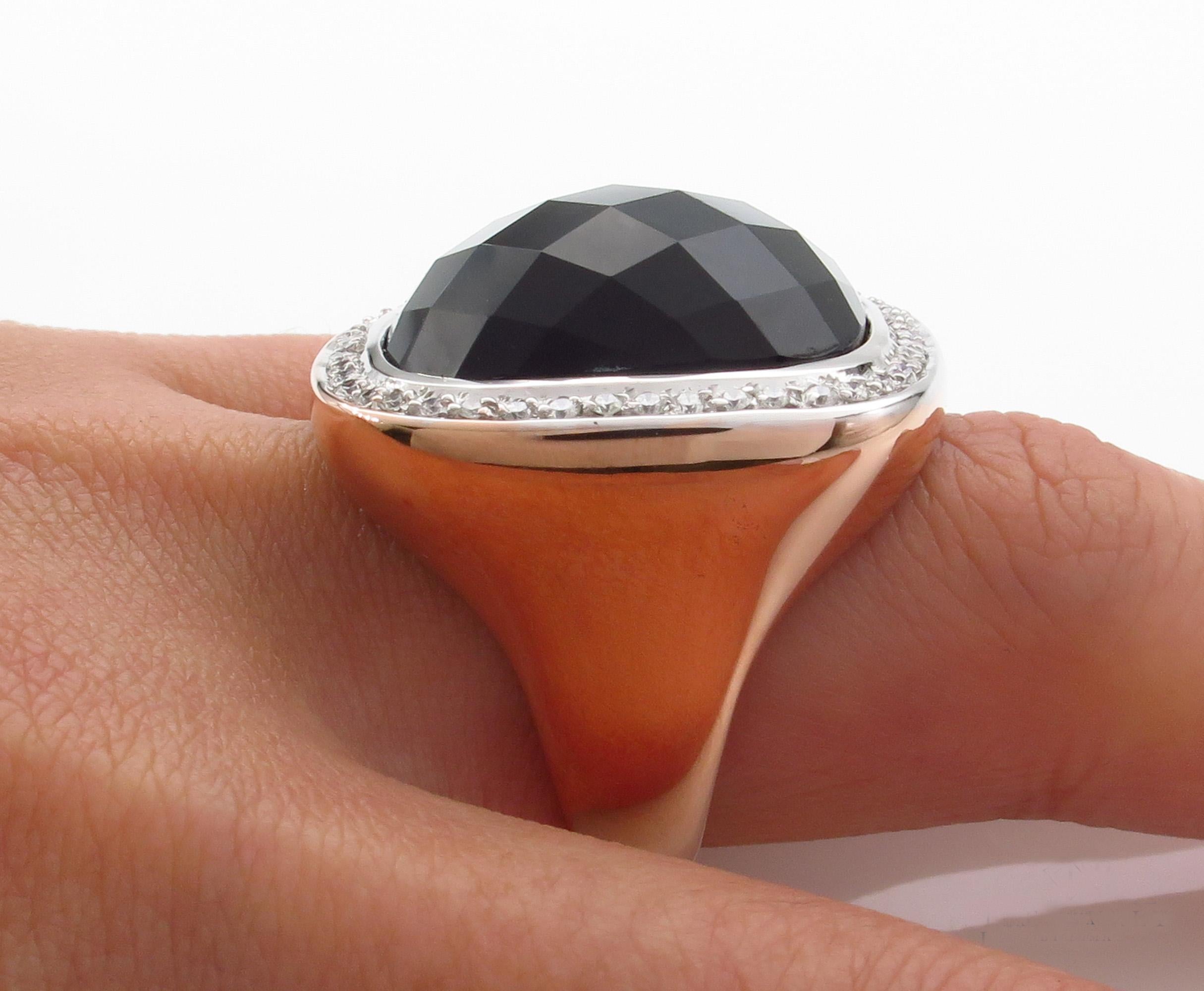 Fashion French Cut Black Onyx and Diamond 18k Rose Gold Estate Ring For Sale 7