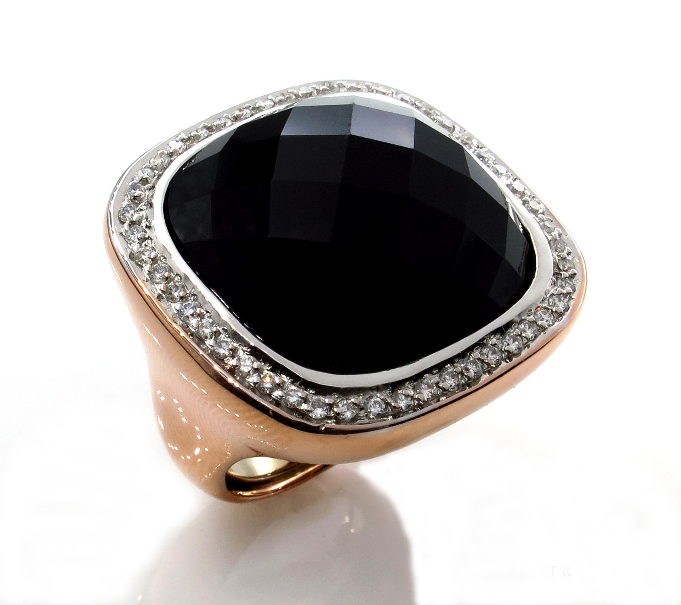 Bague Fashion French Cut Onyx noir et diamant en or rose 18k Bon état - En vente à New York, NY
