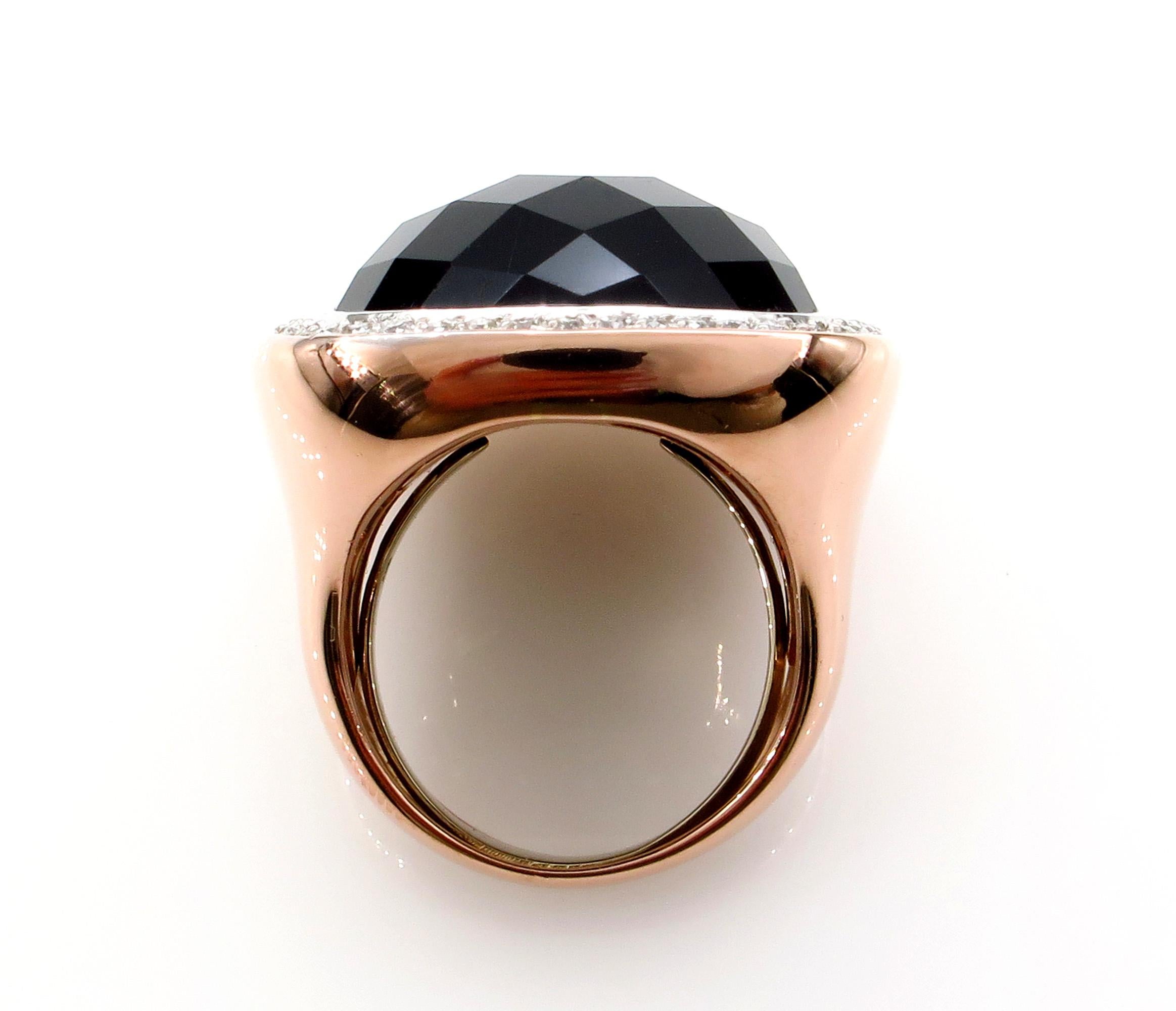 Fashion French Cut Black Onyx and Diamond 18k Rose Gold Estate Ring In Good Condition For Sale In New York, NY