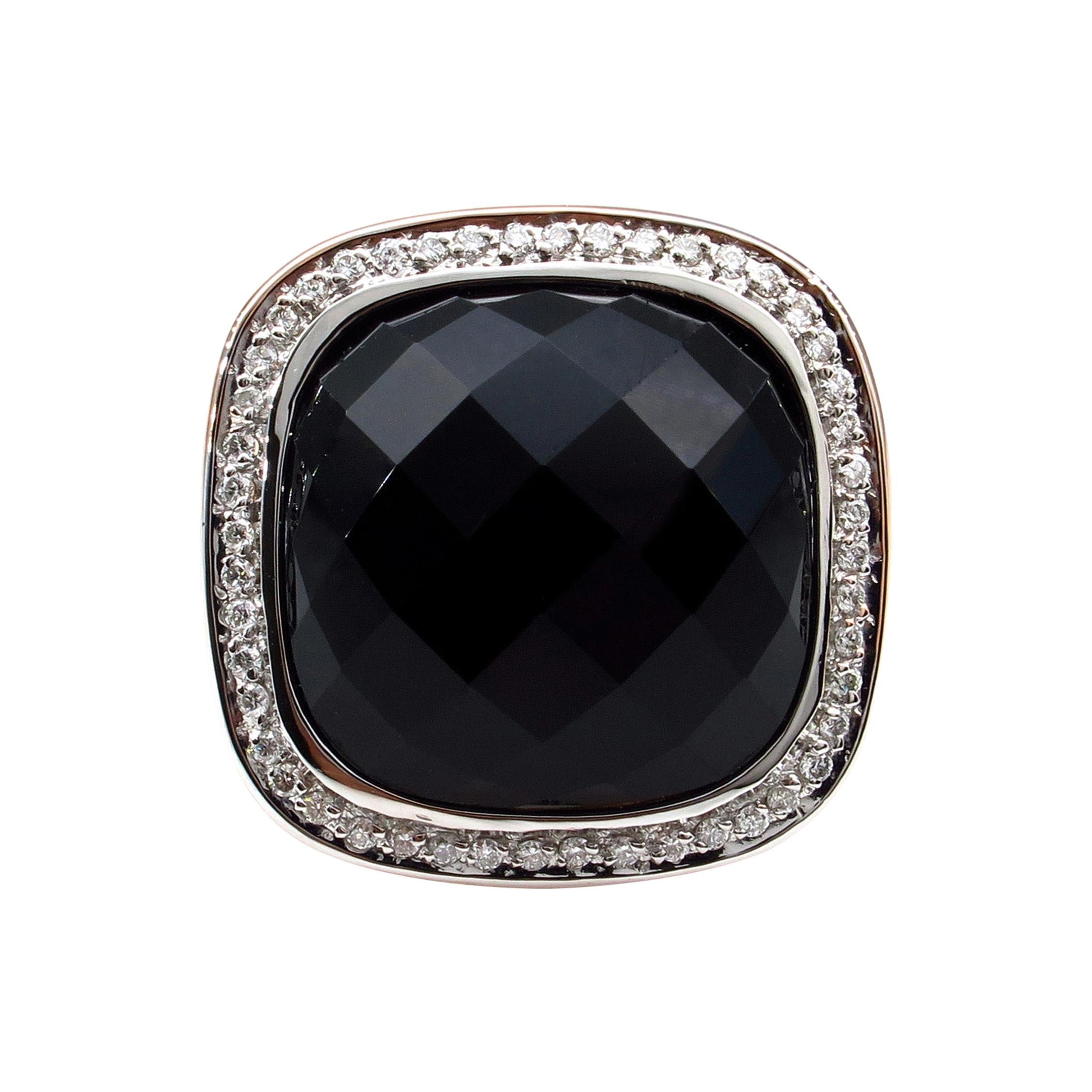 Fashion French Cut Black Onyx and Diamond 18k Rose Gold Estate Ring For Sale