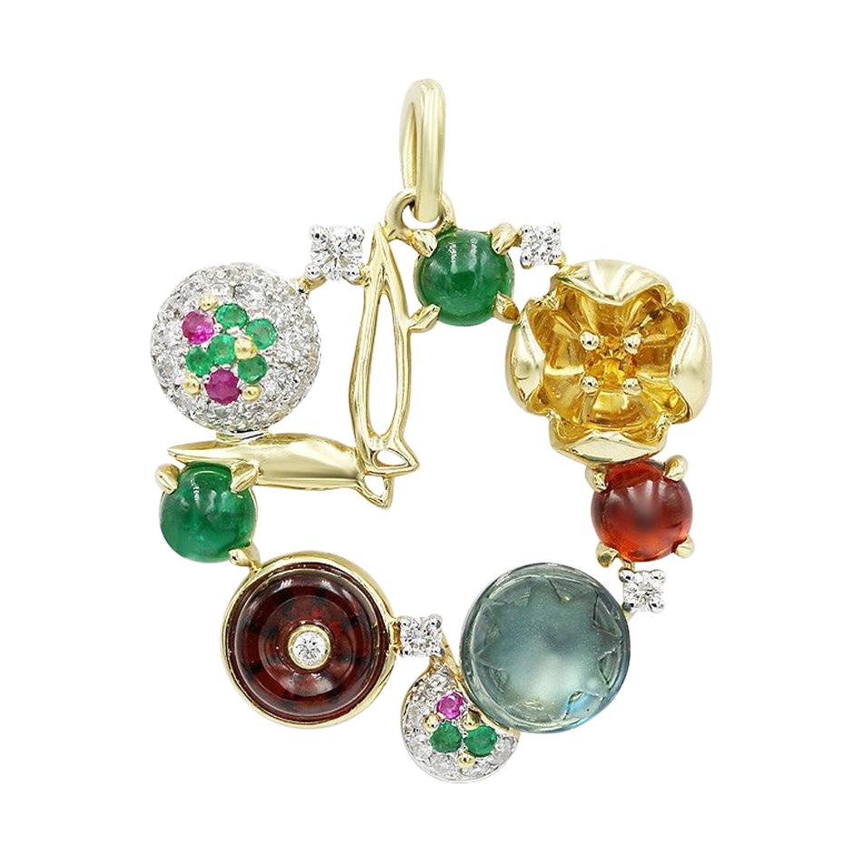 Pendentif à la mode en or jaune avec grenat, rubis, émeraude, citrine, topaze et diamant en vente