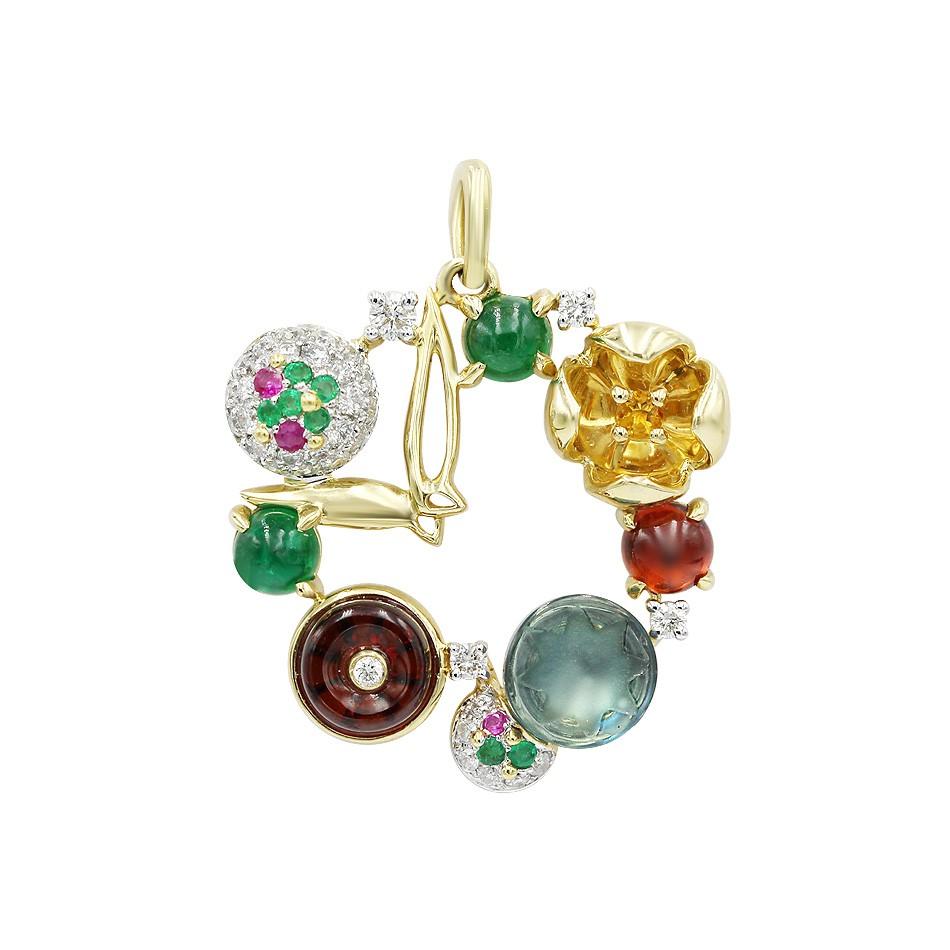 Ohrringe aus Gelbgold mit Mode-Granat, Rubin, Smaragd und Diamant (Antiker Kissenschliff) im Angebot