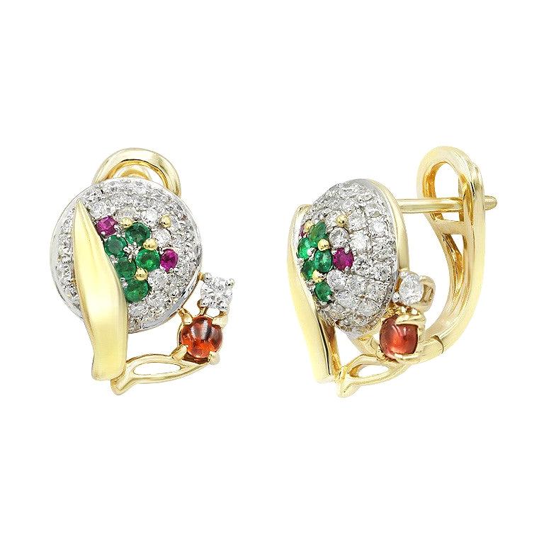 Fashion Garnet Ruby Emerald Diamond Yellow Gold Earrings