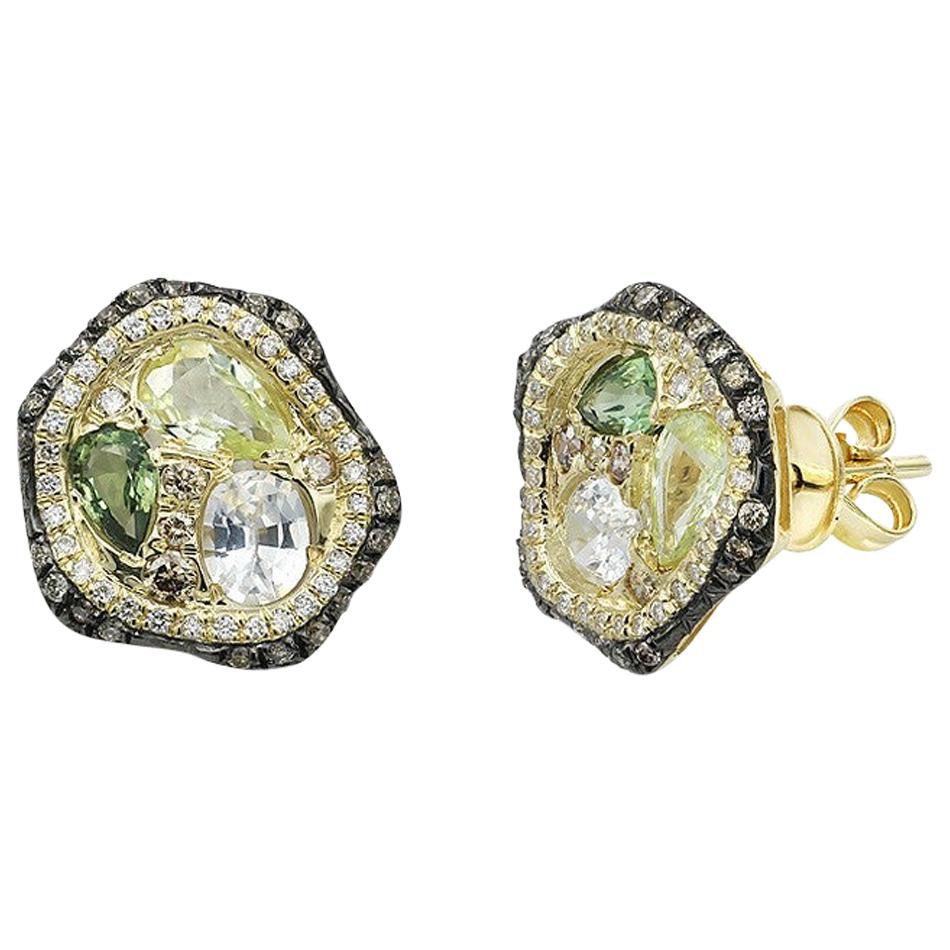 Boucles d'oreilles à la mode en or jaune avec saphir vert et diamant en vente