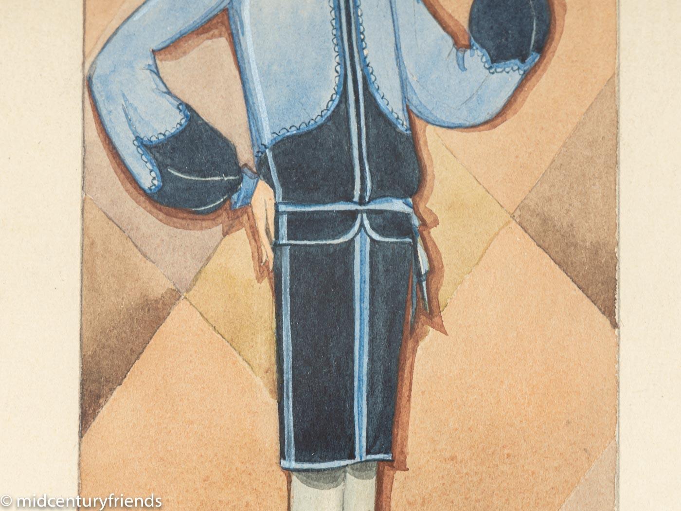 Illustration de mode des années 1920 représentant une femme dans une robe bleue, dessin sur papier encadré Bon état - En vente à Neuss, NW