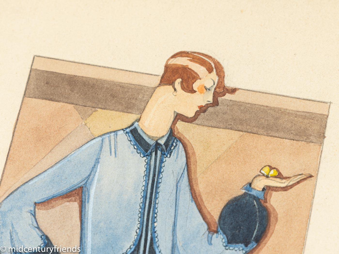 Début du 20ème siècle Illustration de mode des années 1920 représentant une femme dans une robe bleue, dessin sur papier encadré en vente