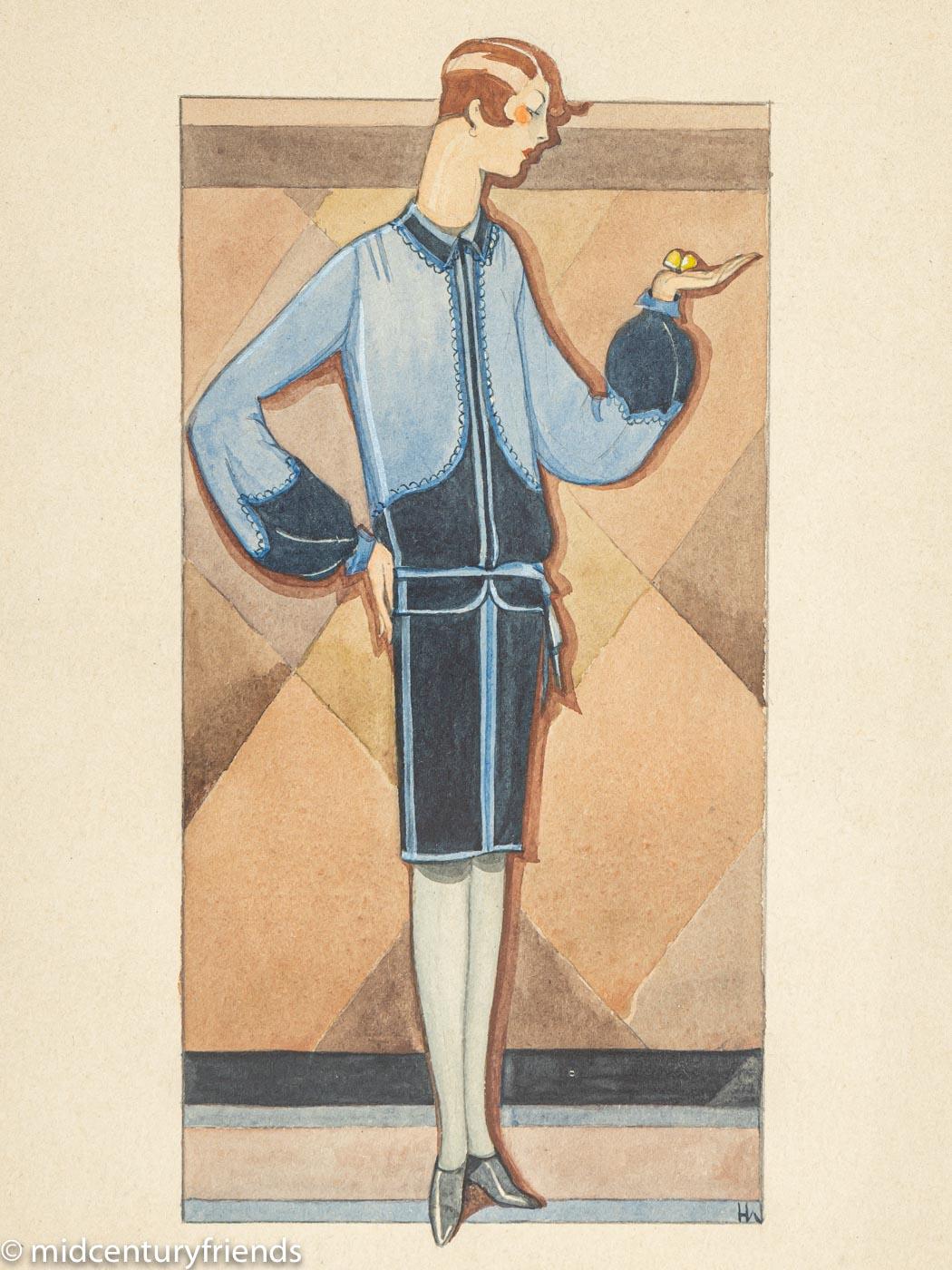 Bois Illustration de mode des années 1920 représentant une femme dans une robe bleue, dessin sur papier encadré en vente