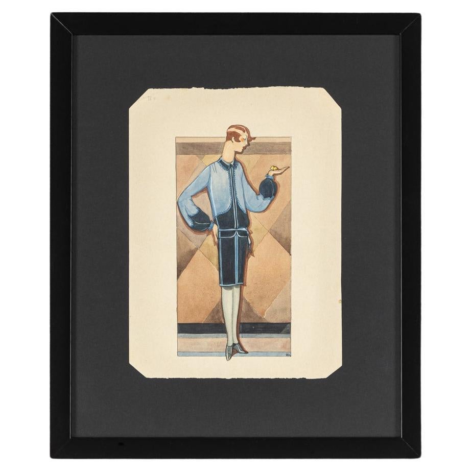 Fashion Illustration 1920s Lady in a Blue Dress Drawing on Paper Framed For Sale