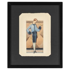 Fashion Illustration 1920s Lady in a Blue Dress Drawing on Paper Framed
