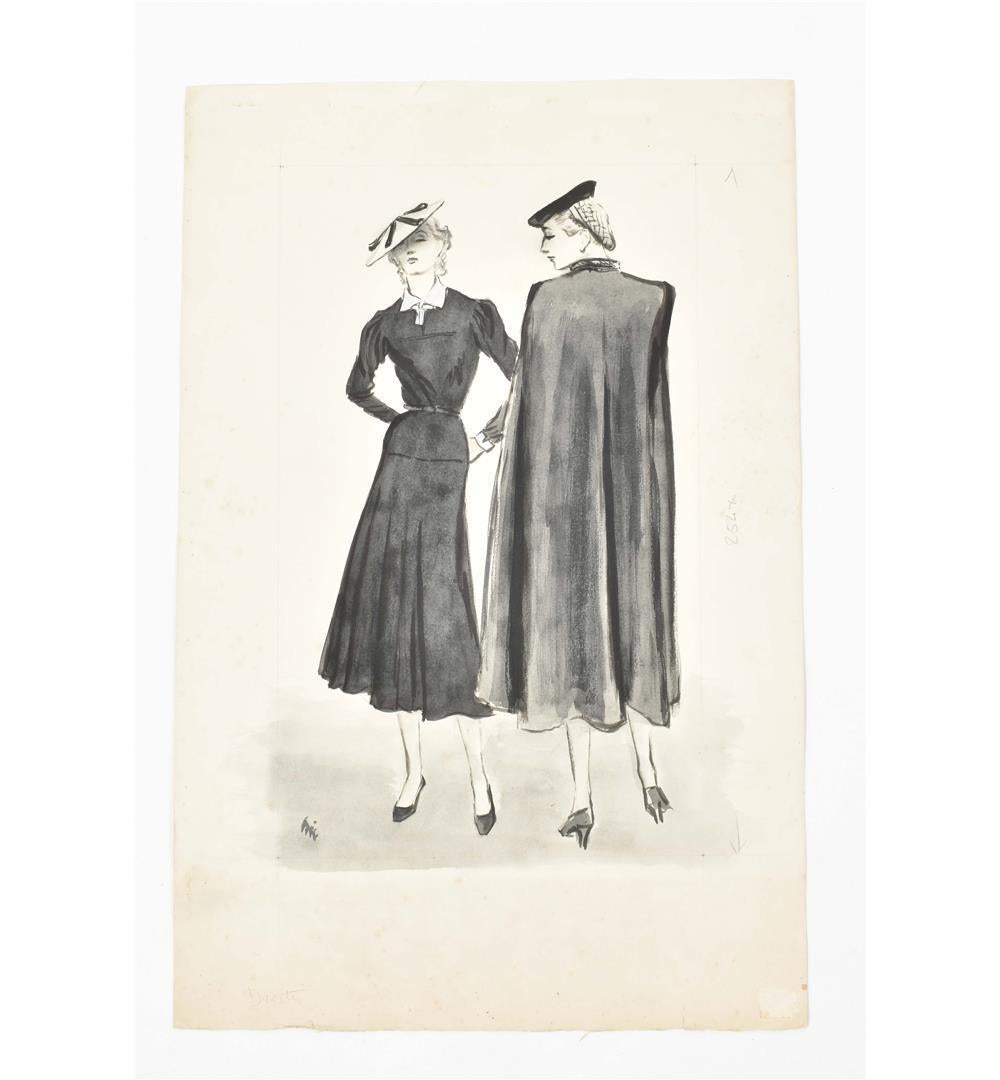 Original fashion drawing by American artist Carl 