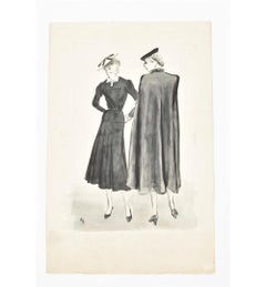 Fashion Illustration "Two Women In Dresses With Hats" by C. "Eric" Erickson