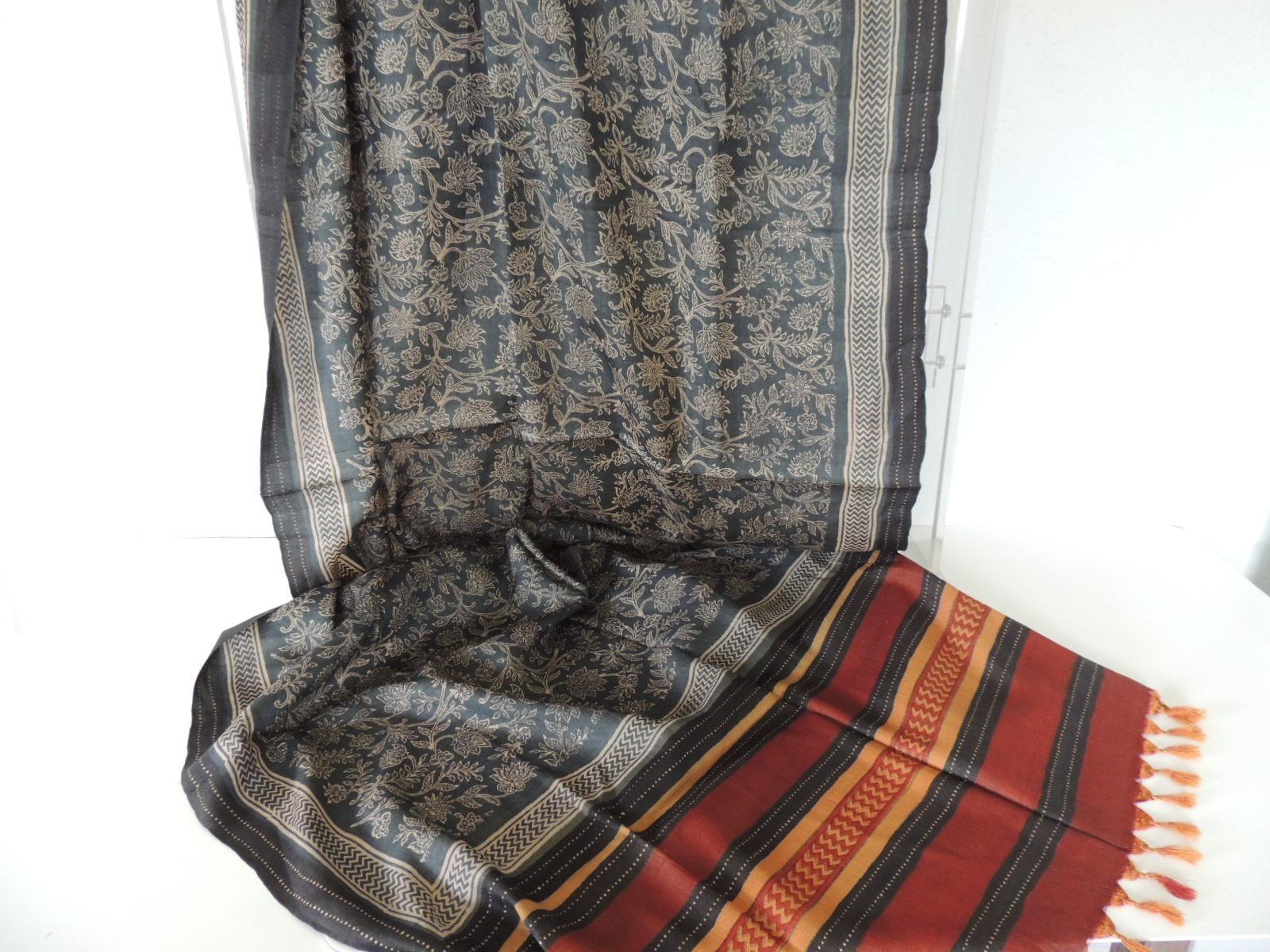 Moorish Fashion Long Sari Style Silk Floral Scarf with Tassels
