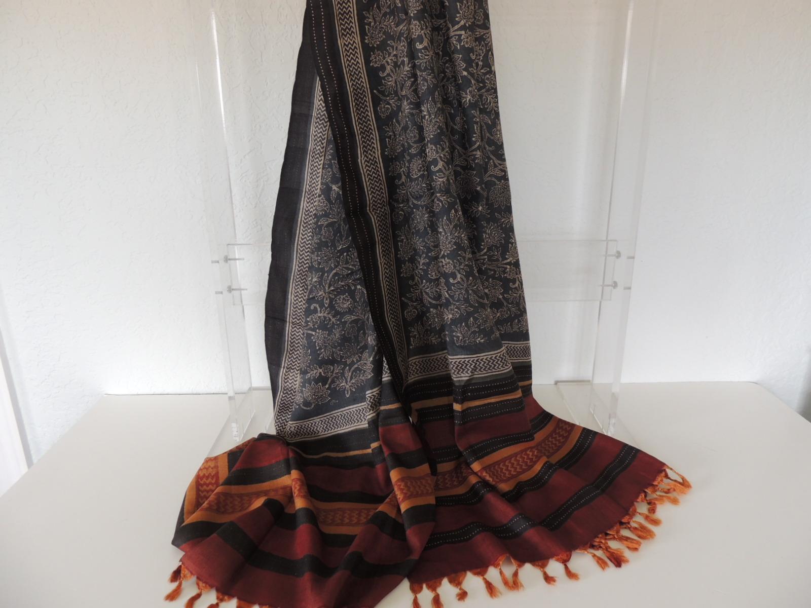 Indian Fashion Long Sari Style Silk Floral Scarf with Tassels