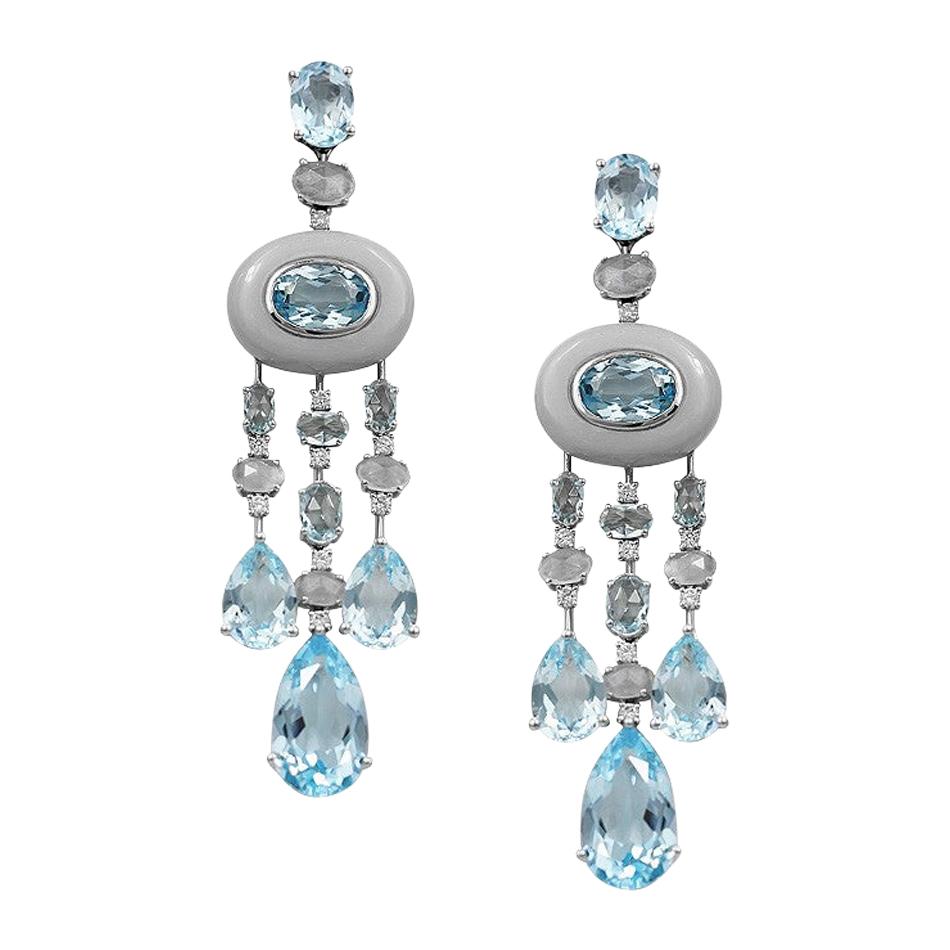Fashion Moon Rock Topaz White Diamond White Gold 14 Karat Dangle Earrings For Sale