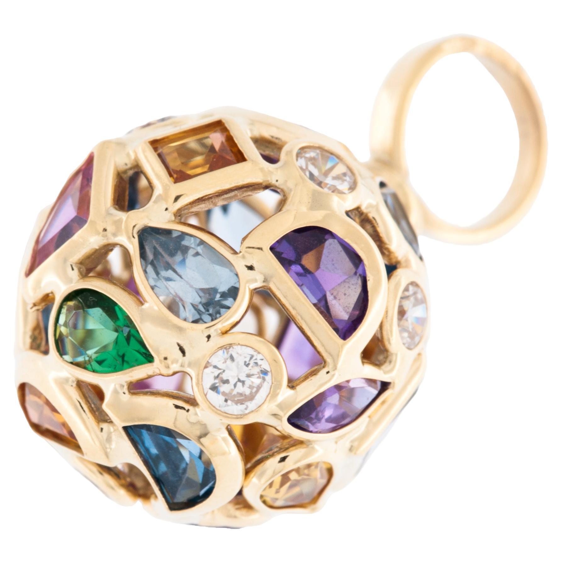 Fashion Multi-Gem 18kt Yellow Gold Ball Pendant  For Sale