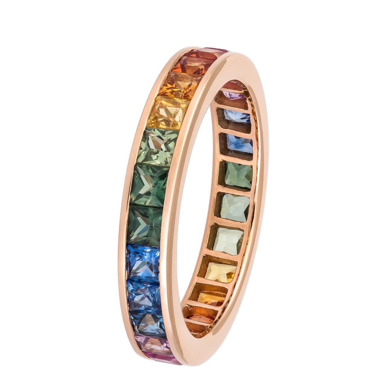 Antique Cushion Cut Fashion Multi Sapphire 18k Diamond Colourful Rose Gold Band Ring for Her For Sale