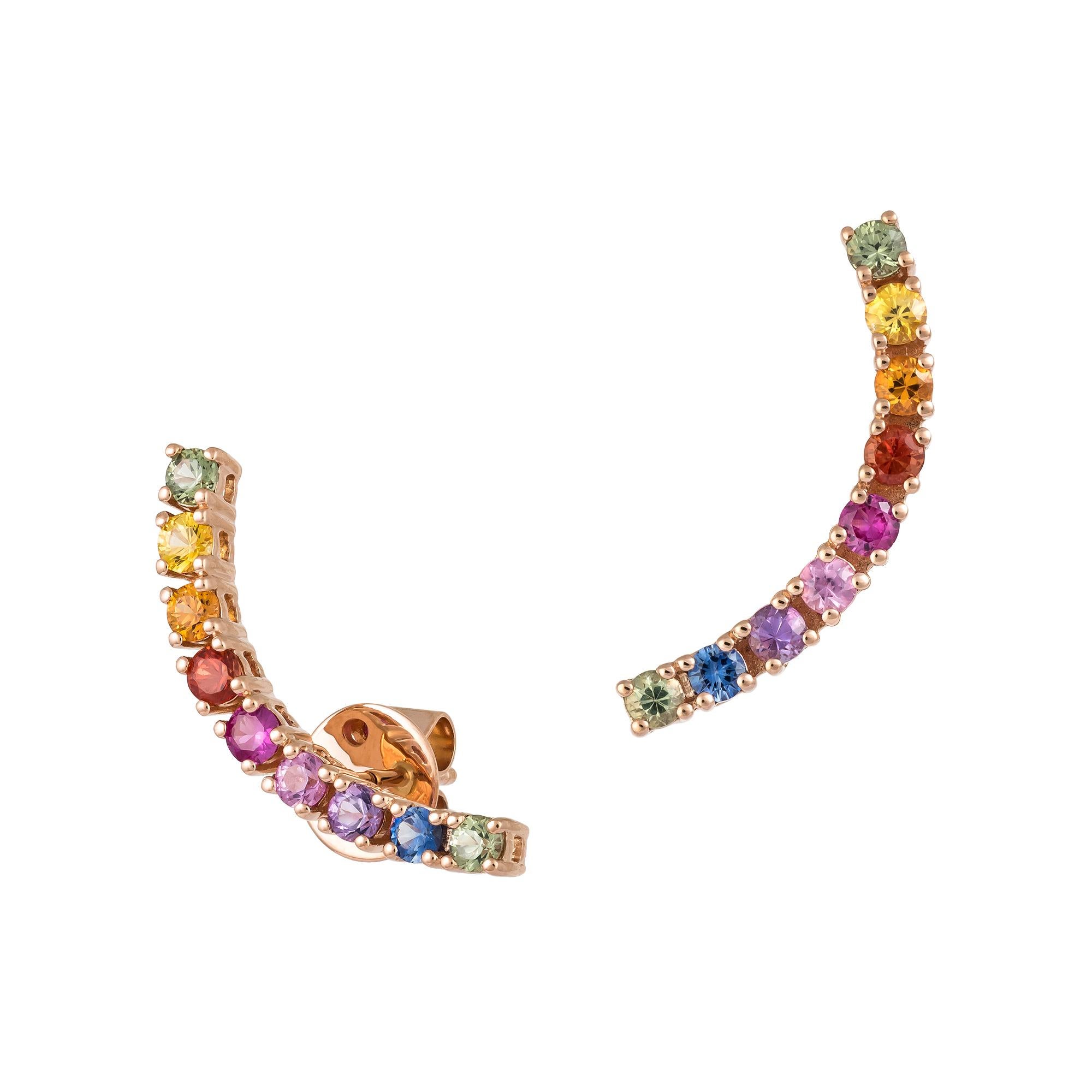 Round Cut Fashion Multi Sapphire Diamond Earrings 18k Pink Gold Cuff Style for Her For Sale